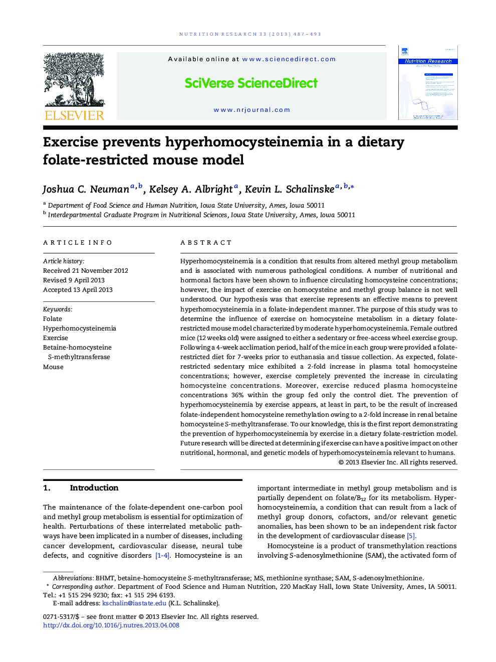 Exercise prevents hyperhomocysteinemia in a dietary folate-restricted mouse model