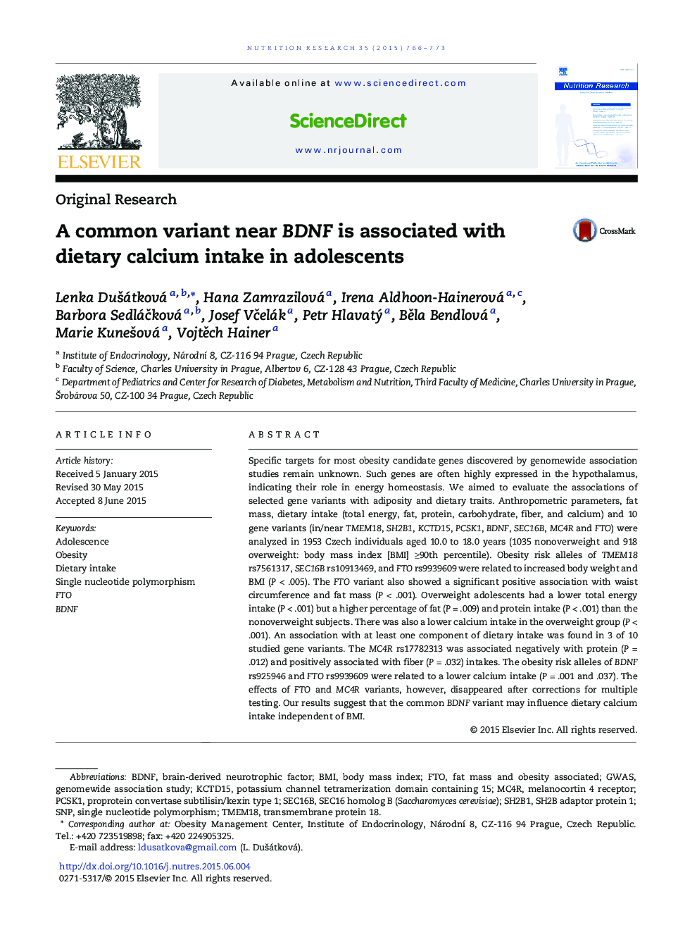 A common variant near BDNF is associated with dietary calcium intake in adolescents