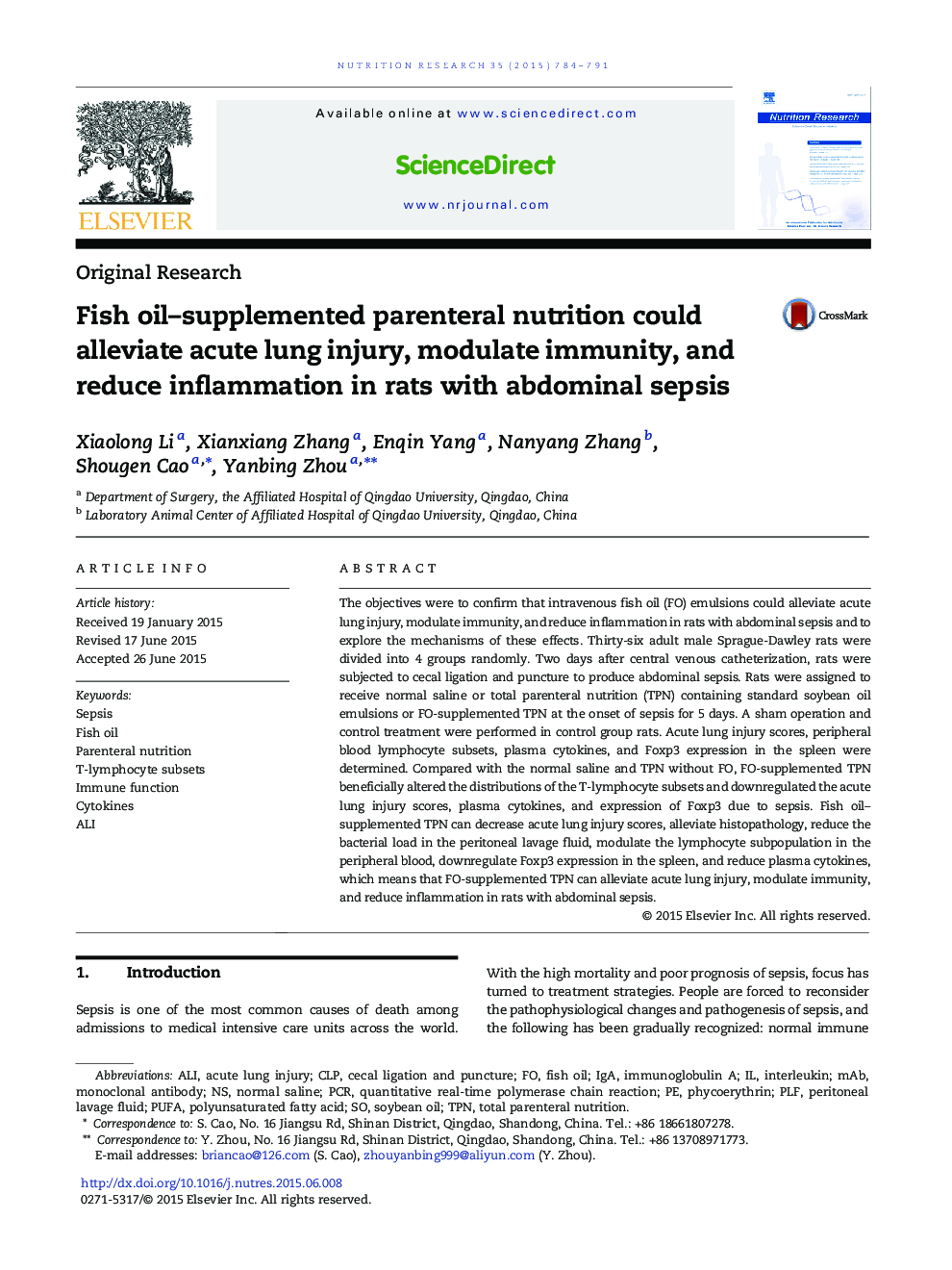 Fish oil-supplemented parenteral nutrition could alleviate acute lung injury, modulate immunity, and reduce inflammation in rats with abdominal sepsis