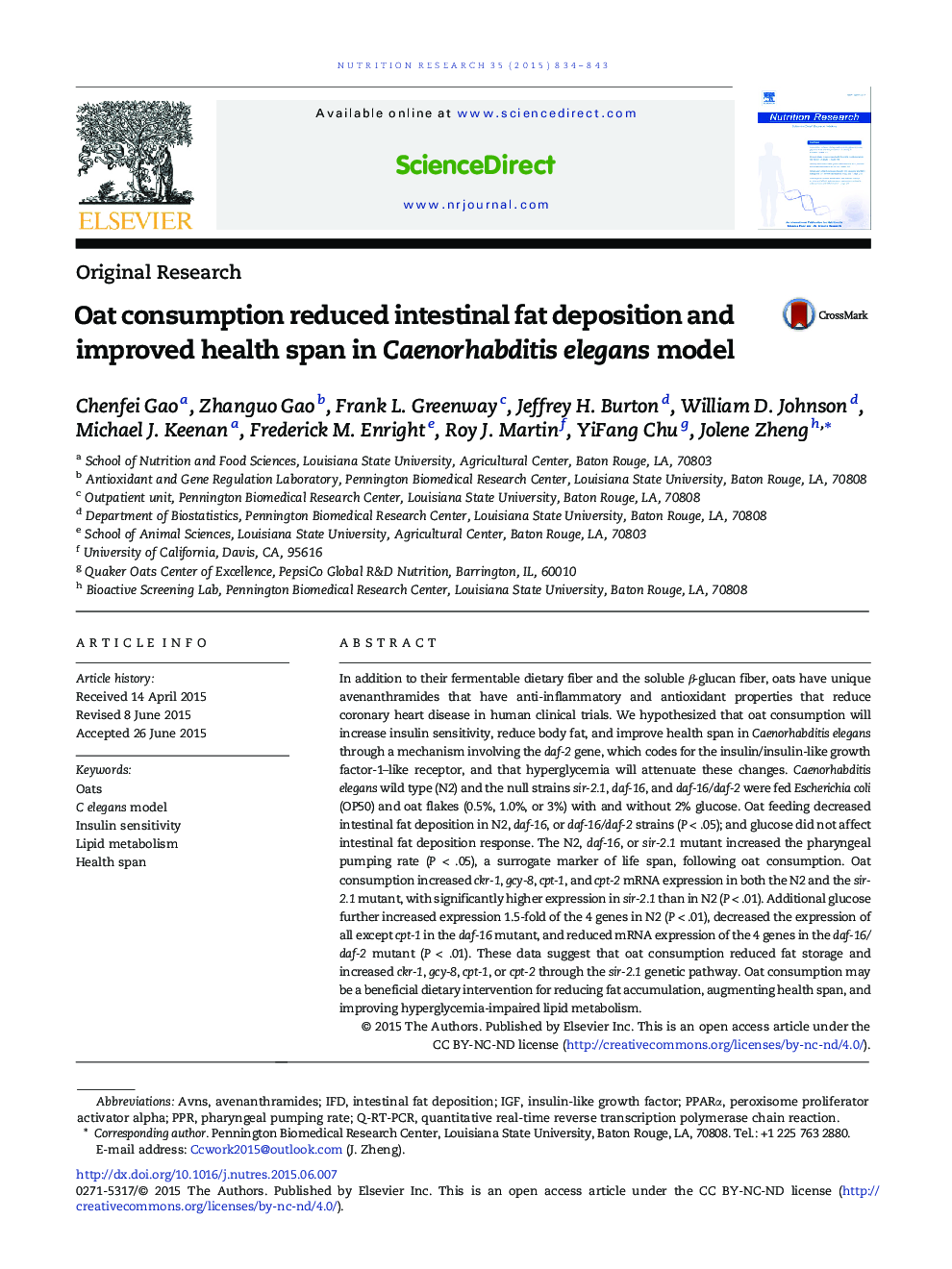 Original ResearchOat consumption reduced intestinal fat deposition and improved health span in Caenorhabditis elegans model