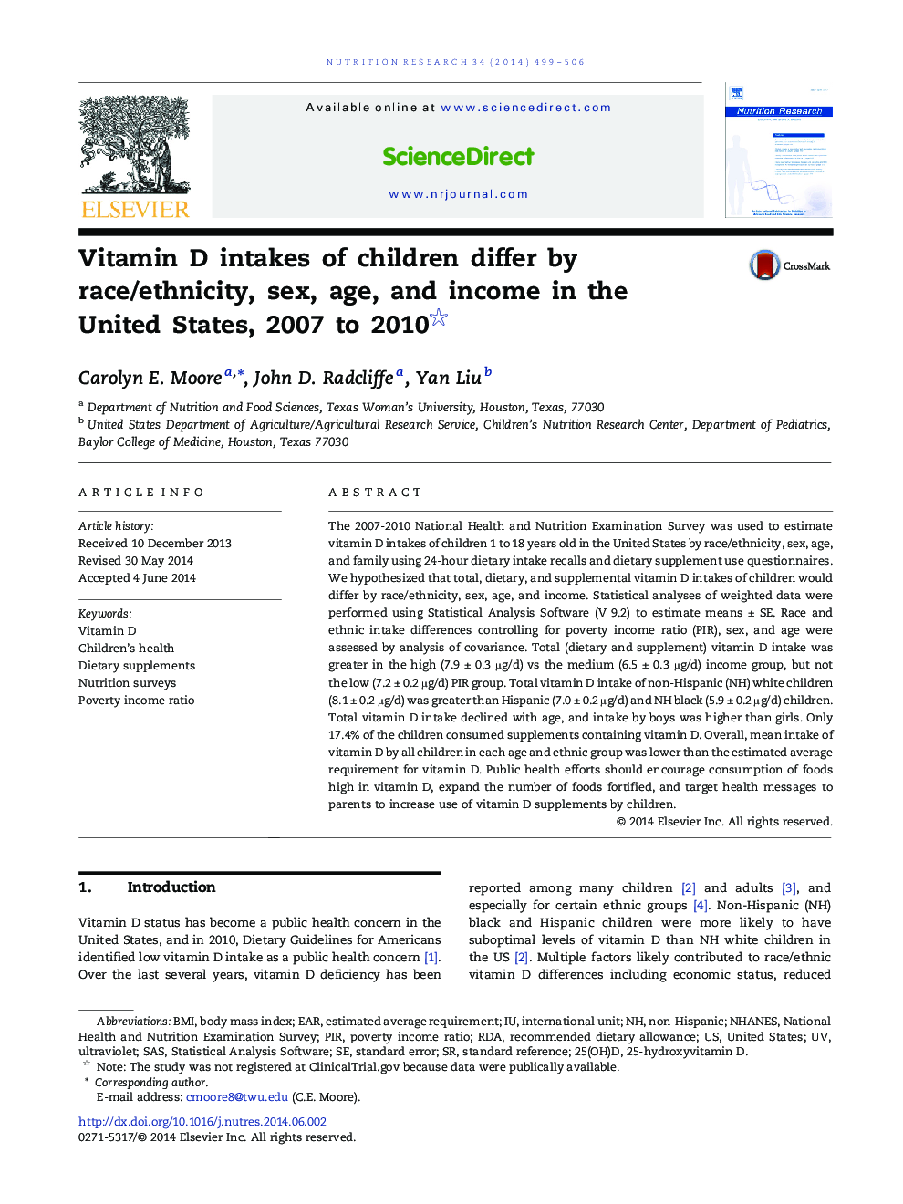 Vitamin D intakes of children differ by race/ethnicity, sex, age, and income in the United States, 2007 to 2010