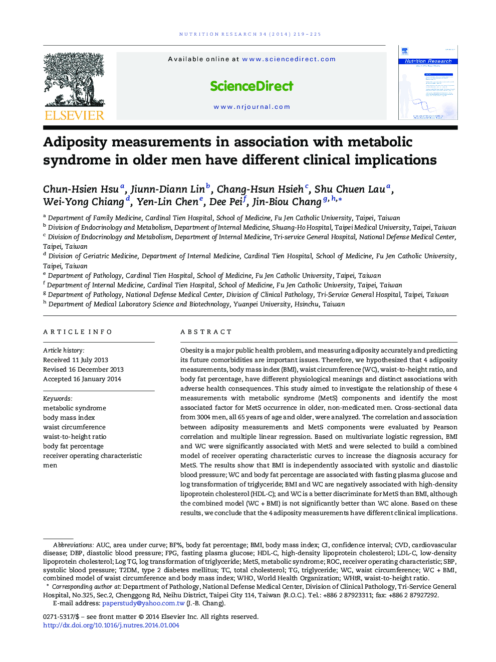 Adiposity measurements in association with metabolic syndrome in older men have different clinical implications