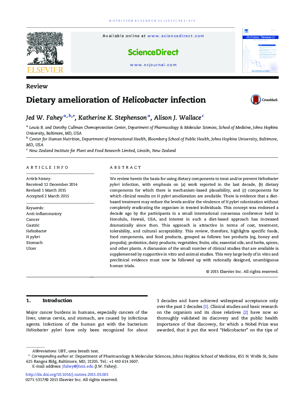 ReviewDietary amelioration of Helicobacter infection