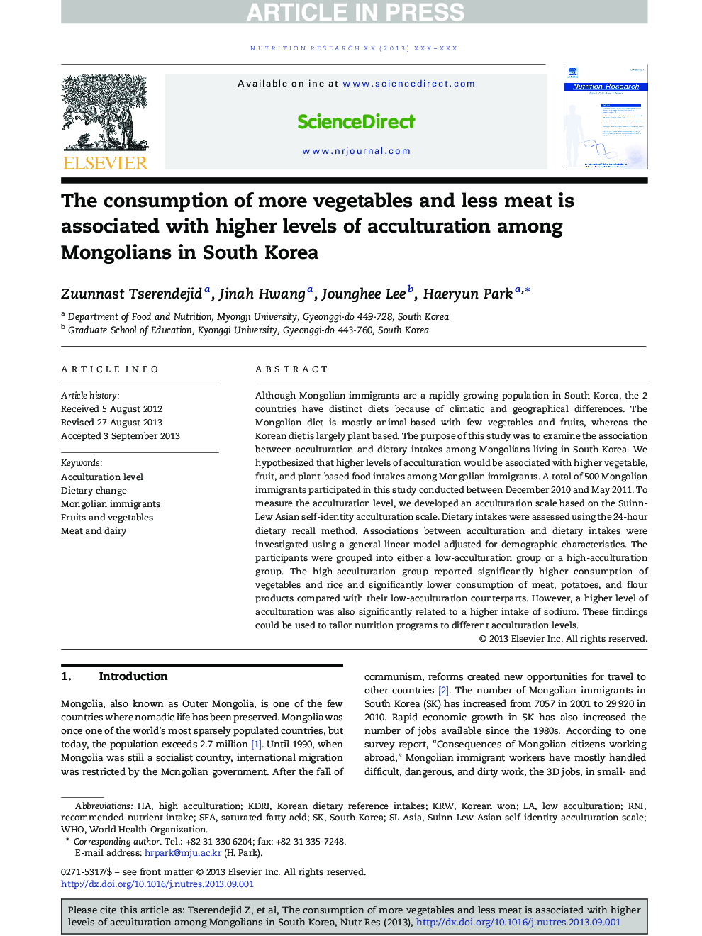The consumption of more vegetables and less meat is associated with higher levels of acculturation among Mongolians in South Korea