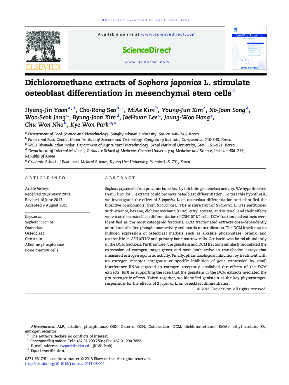 Dichloromethane extracts of Sophora japonica L. stimulate osteoblast differentiation in mesenchymal stem cells