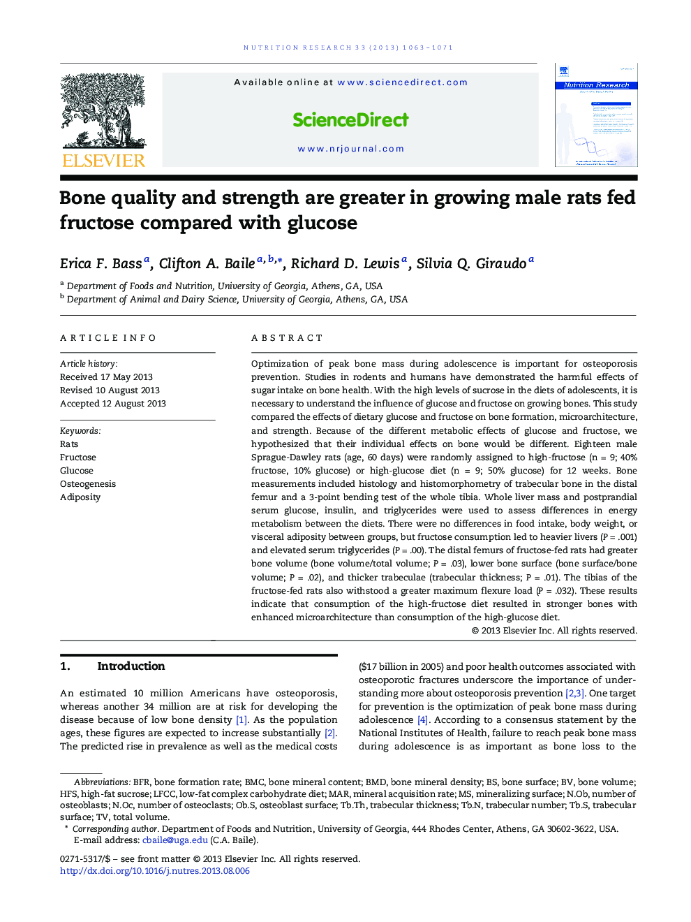 Bone quality and strength are greater in growing male rats fed fructose compared with glucose