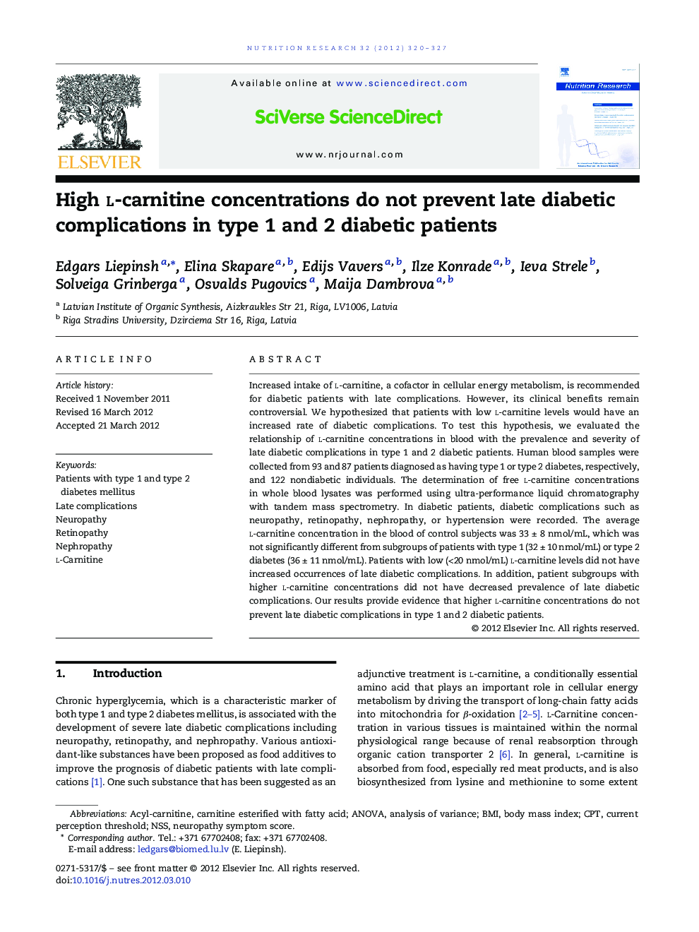 High l-carnitine concentrations do not prevent late diabetic complications in type 1 and 2 diabetic patients