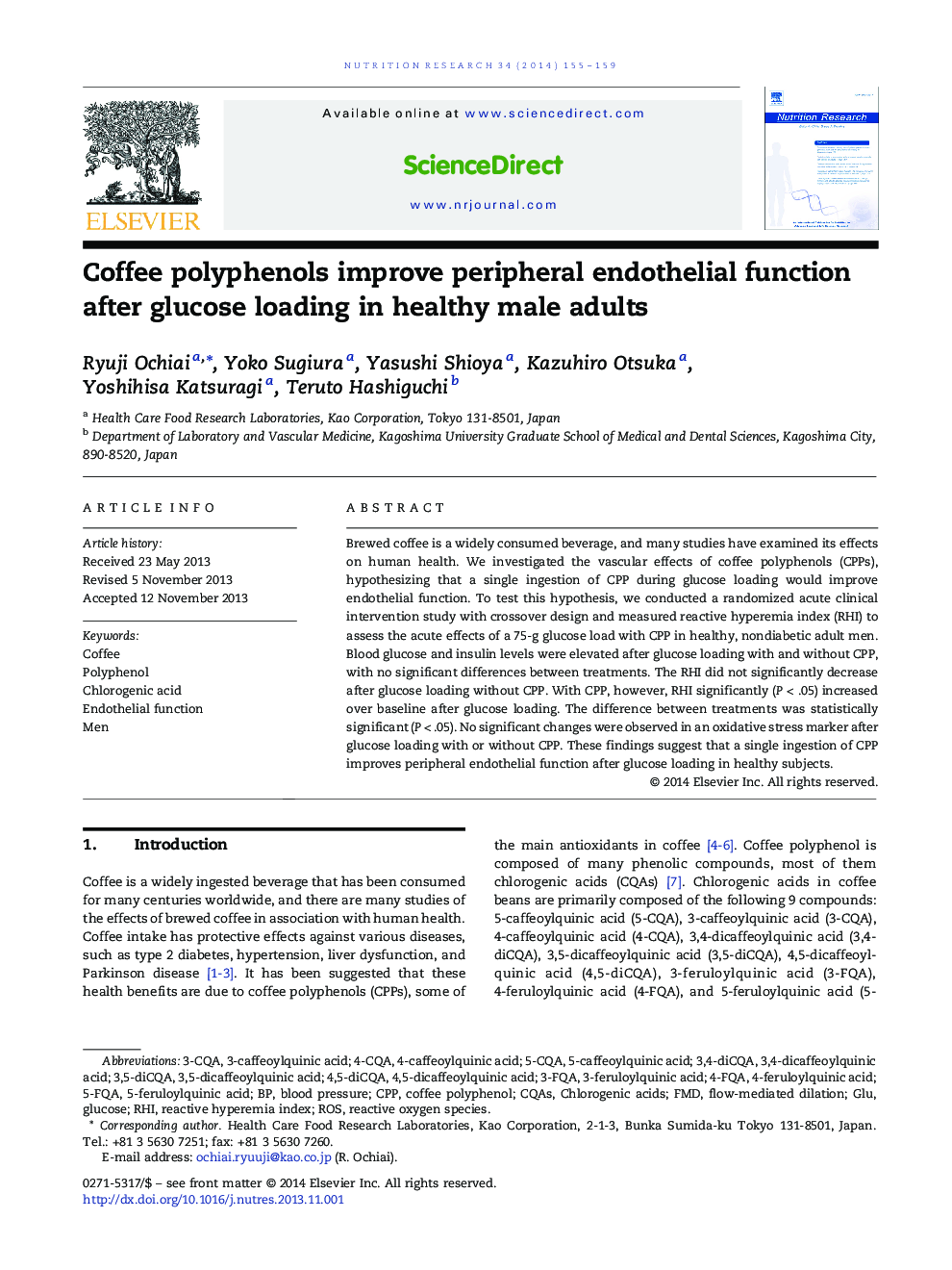 Coffee polyphenols improve peripheral endothelial function after glucose loading in healthy male adults