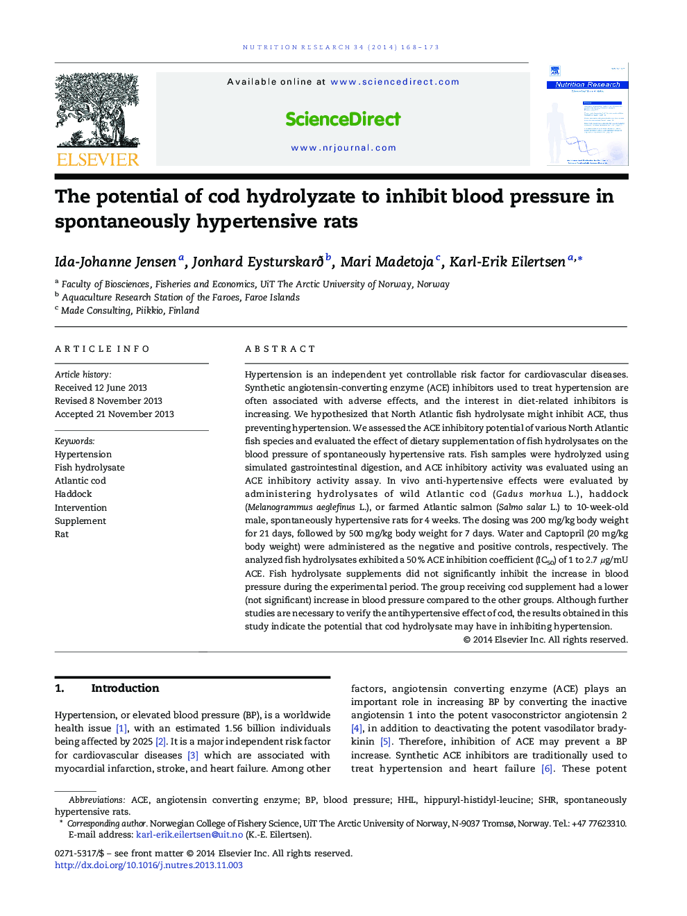 The potential of cod hydrolyzate to inhibit blood pressure in spontaneously hypertensive rats