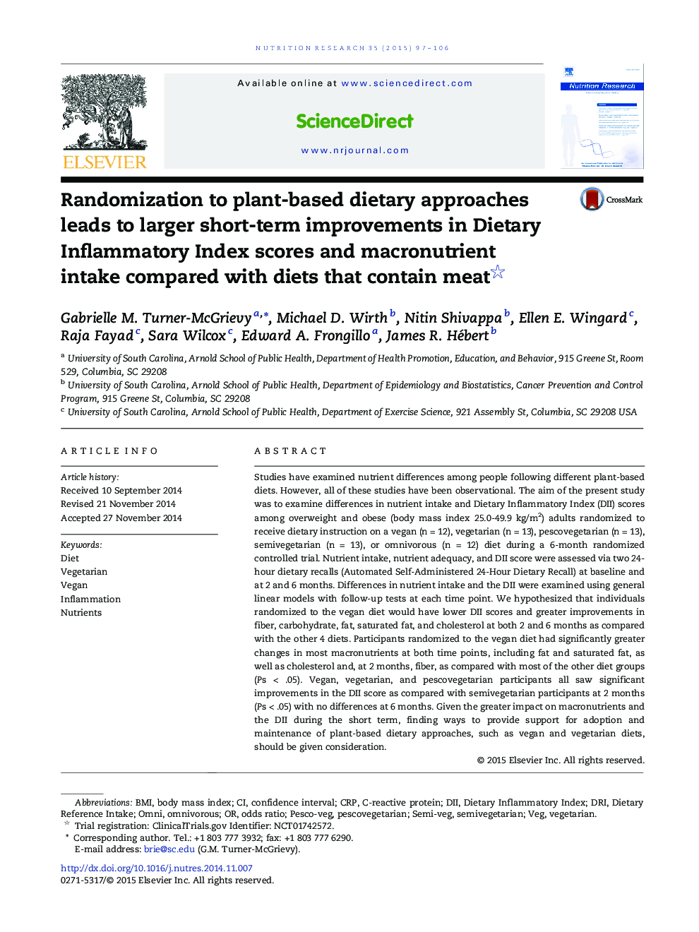 Randomization to plant-based dietary approaches leads to larger short-term improvements in Dietary Inflammatory Index scores and macronutrient intake compared with diets that contain meat