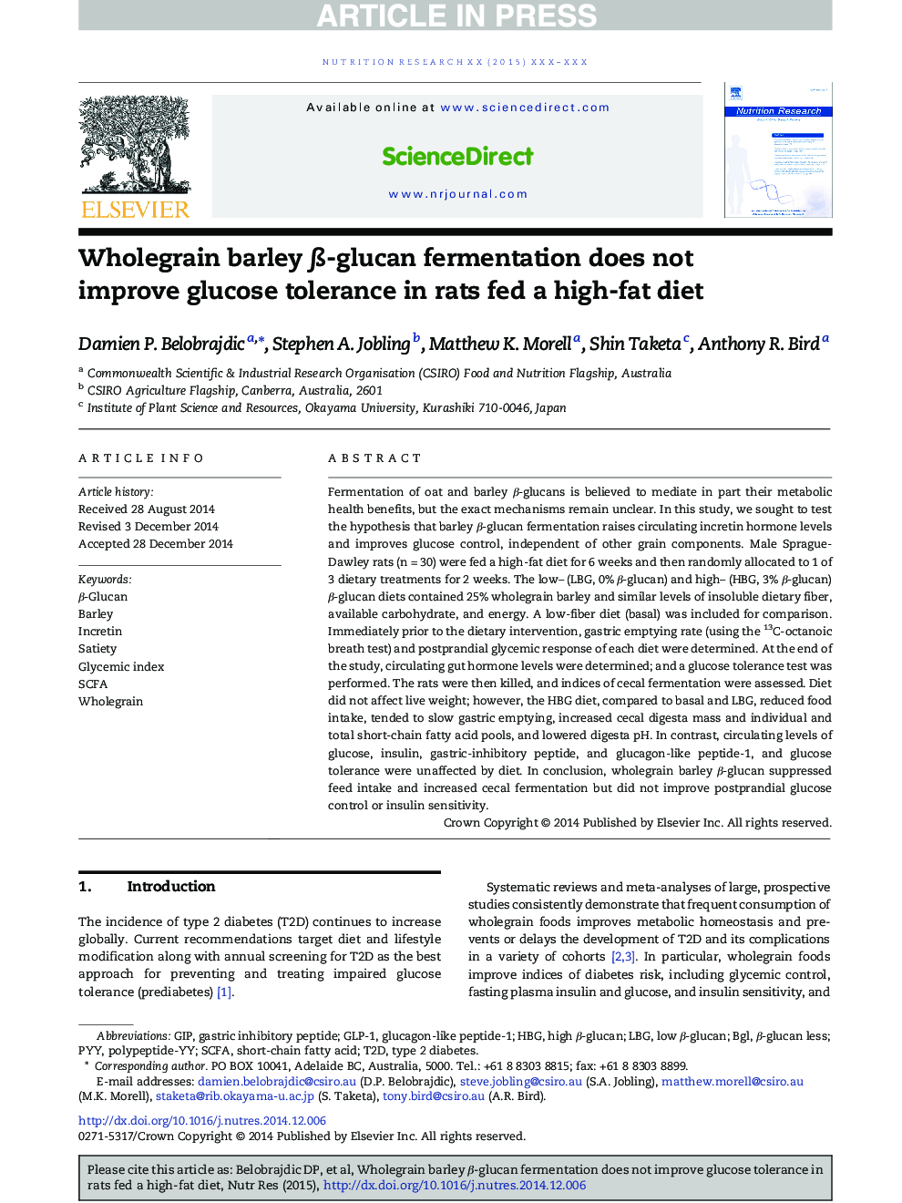 Wholegrain barley Î²-glucan fermentation does not improve glucose tolerance in rats fed a high-fat diet