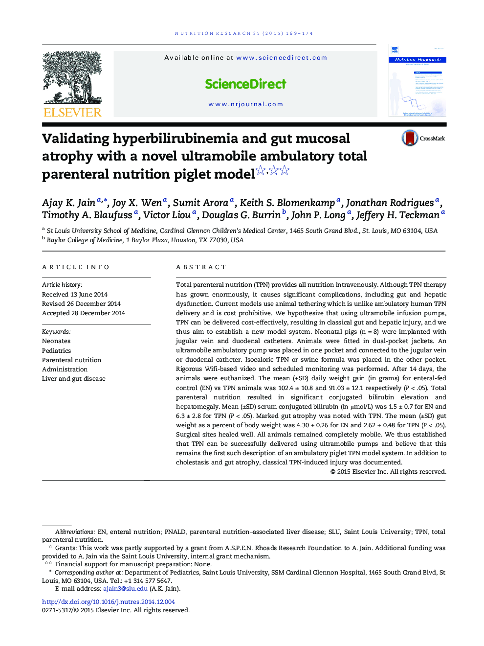 Validating hyperbilirubinemia and gut mucosal atrophy with a novel ultramobile ambulatory total parenteral nutrition piglet model