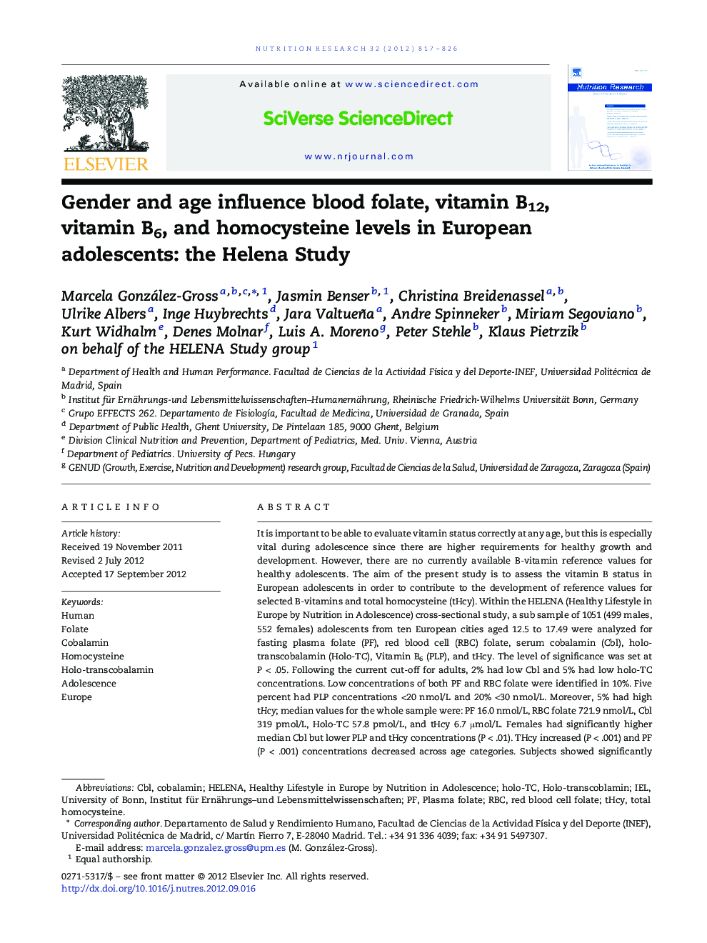 Gender and age influence blood folate, vitamin B12, vitamin B6, and homocysteine levels in European adolescents: the Helena Study