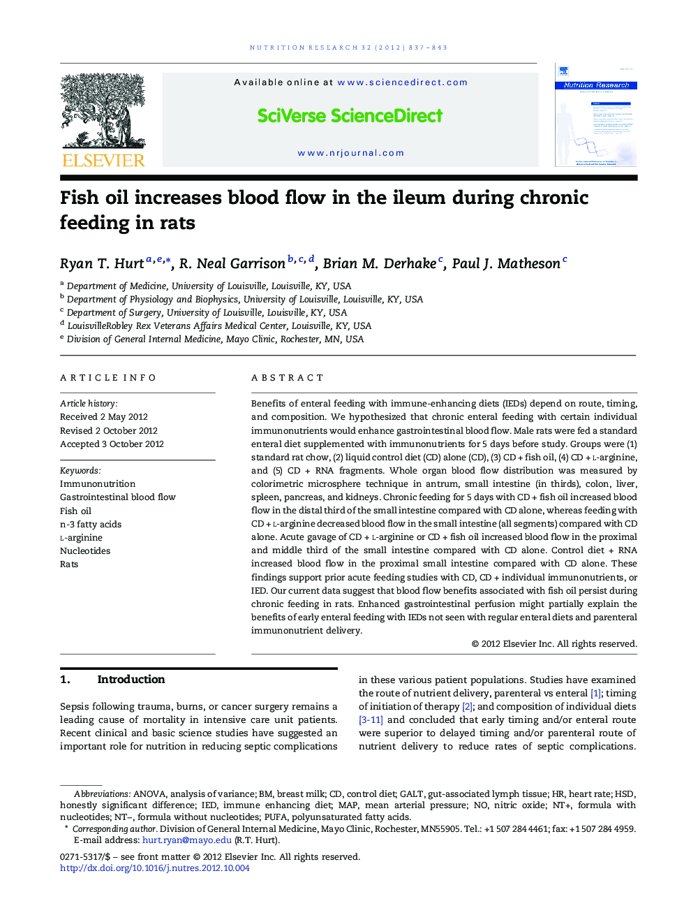 Fish oil increases blood flow in the ileum during chronic feeding in rats