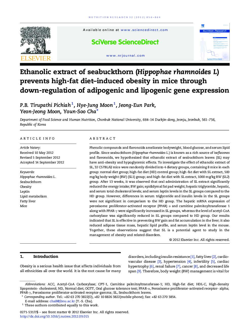 Ethanolic extract of seabuckthorn (Hippophae rhamnoides L) prevents high-fat diet-induced obesity in mice through down-regulation of adipogenic and lipogenic gene expression