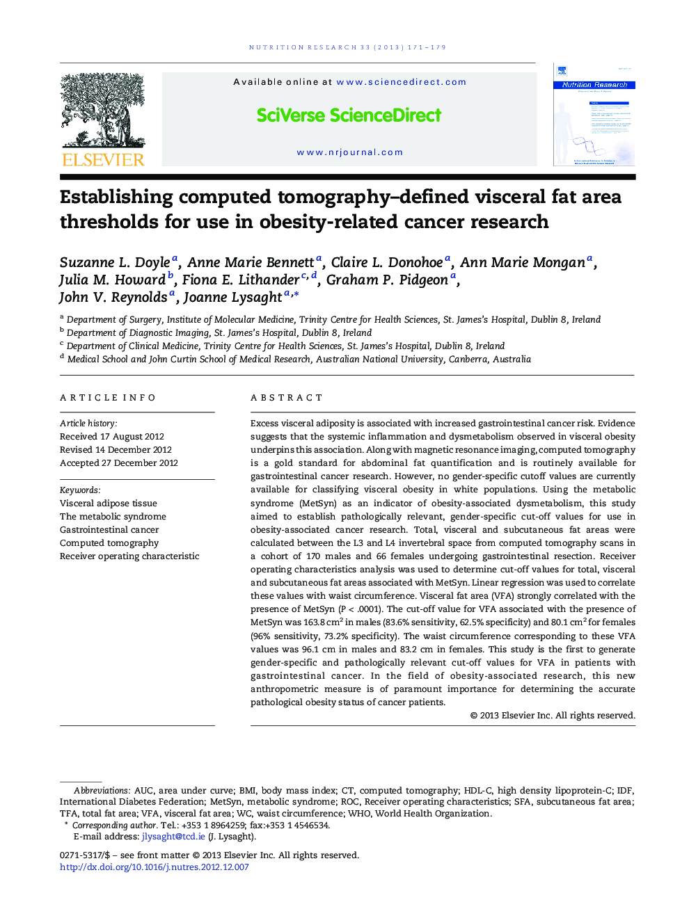 Establishing computed tomography-defined visceral fat area thresholds for use in obesity-related cancer research