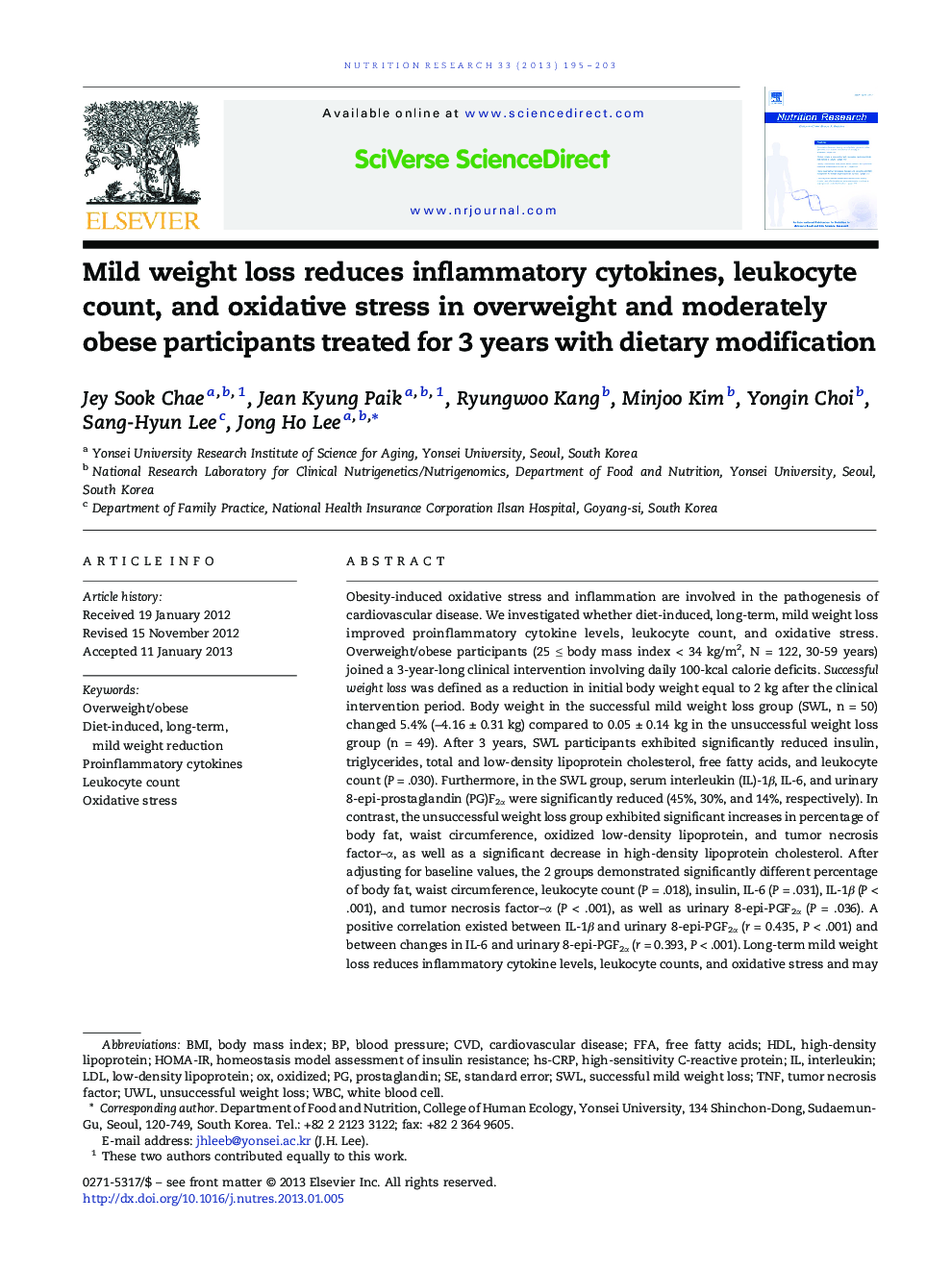 Mild weight loss reduces inflammatory cytokines, leukocyte count, and oxidative stress in overweight and moderately obese participants treated for 3 years with dietary modification