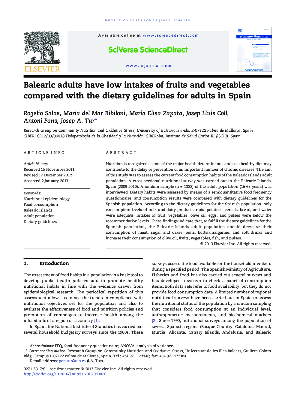 Balearic adults have low intakes of fruits and vegetables compared with the dietary guidelines for adults in Spain