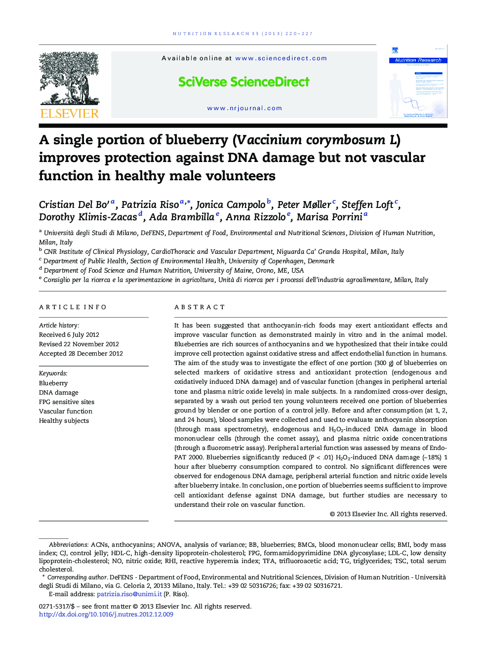 A single portion of blueberry (Vaccinium corymbosum L) improves protection against DNA damage but not vascular function in healthy male volunteers