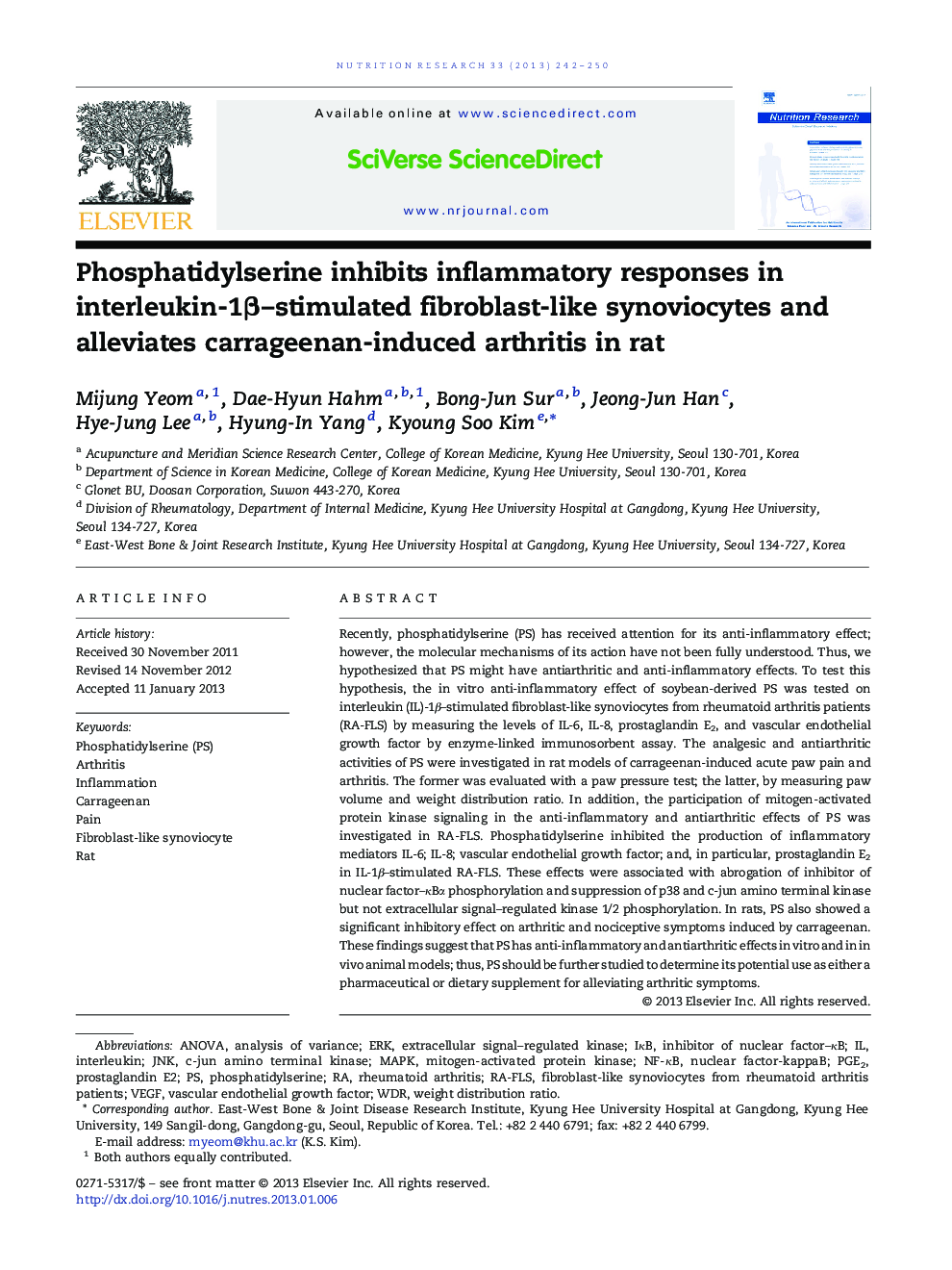 Phosphatidylserine inhibits inflammatory responses in interleukin-1Î²-stimulated fibroblast-like synoviocytes and alleviates carrageenan-induced arthritis in rat