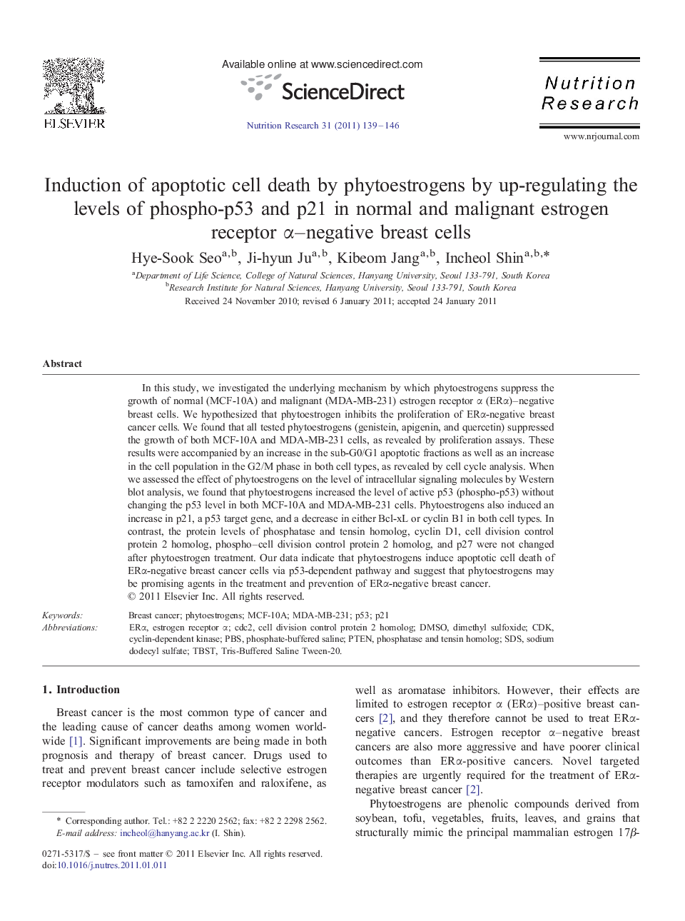 عکس صفحه اول مقاله: Induction of apoptotic cell death by phytoestrogens by up-regulating the levels of phospho-p53 and p21 in normal and malignant estrogen receptor α-negative breast cells Induction of apoptotic cell death by phytoestrogens by up-regulating the levels of phospho-p53 and p21 in normal and malignant estrogen receptor α-negative breast cells