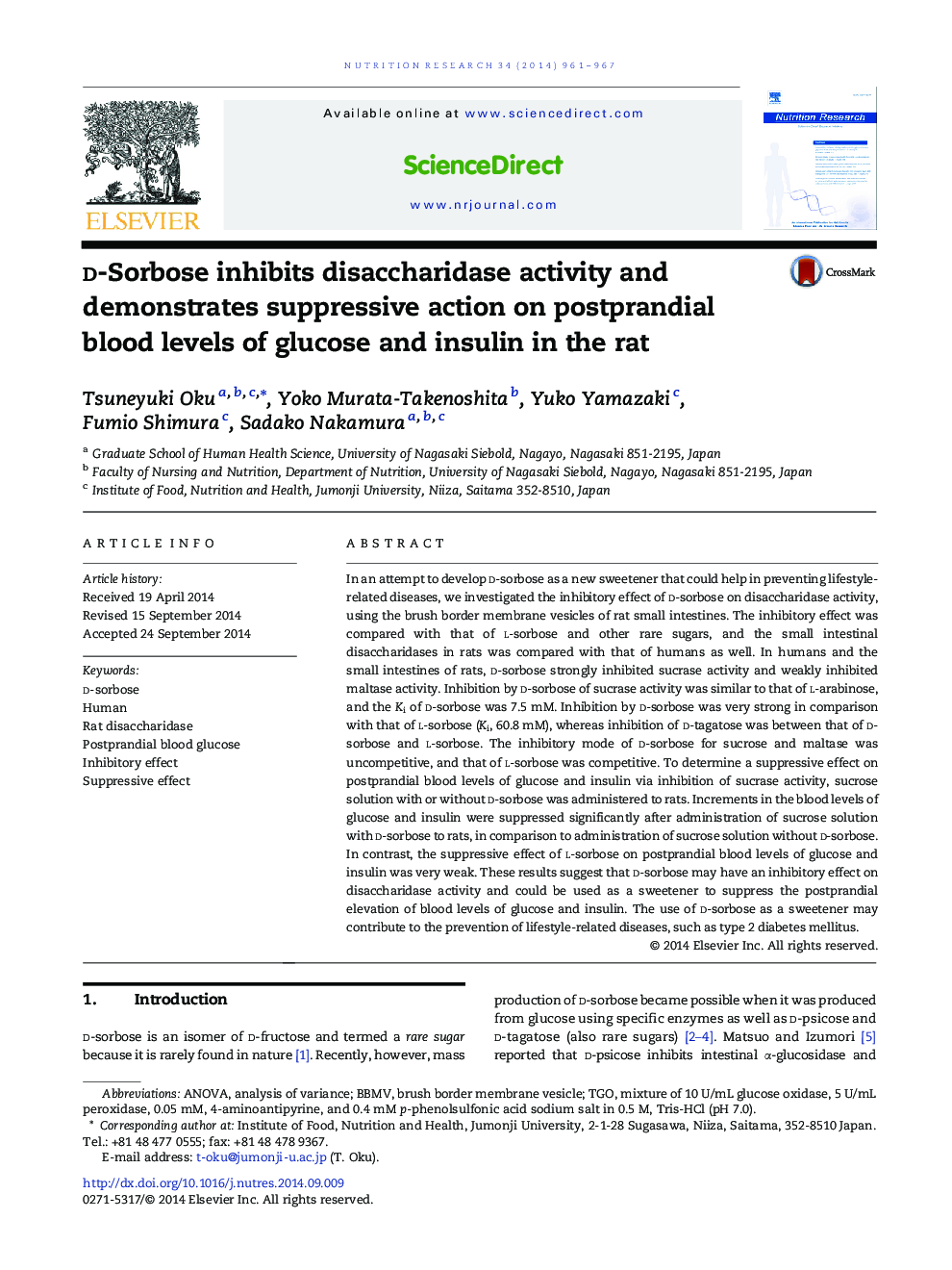 d-Sorbose inhibits disaccharidase activity and demonstrates suppressive action on postprandial blood levels of glucose and insulin in the rat