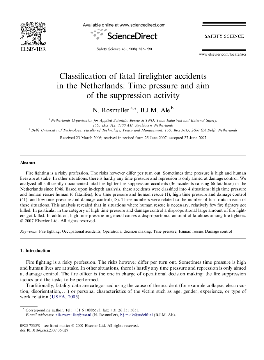 Classification of fatal firefighter accidents in the Netherlands: Time pressure and aim of the suppression activity