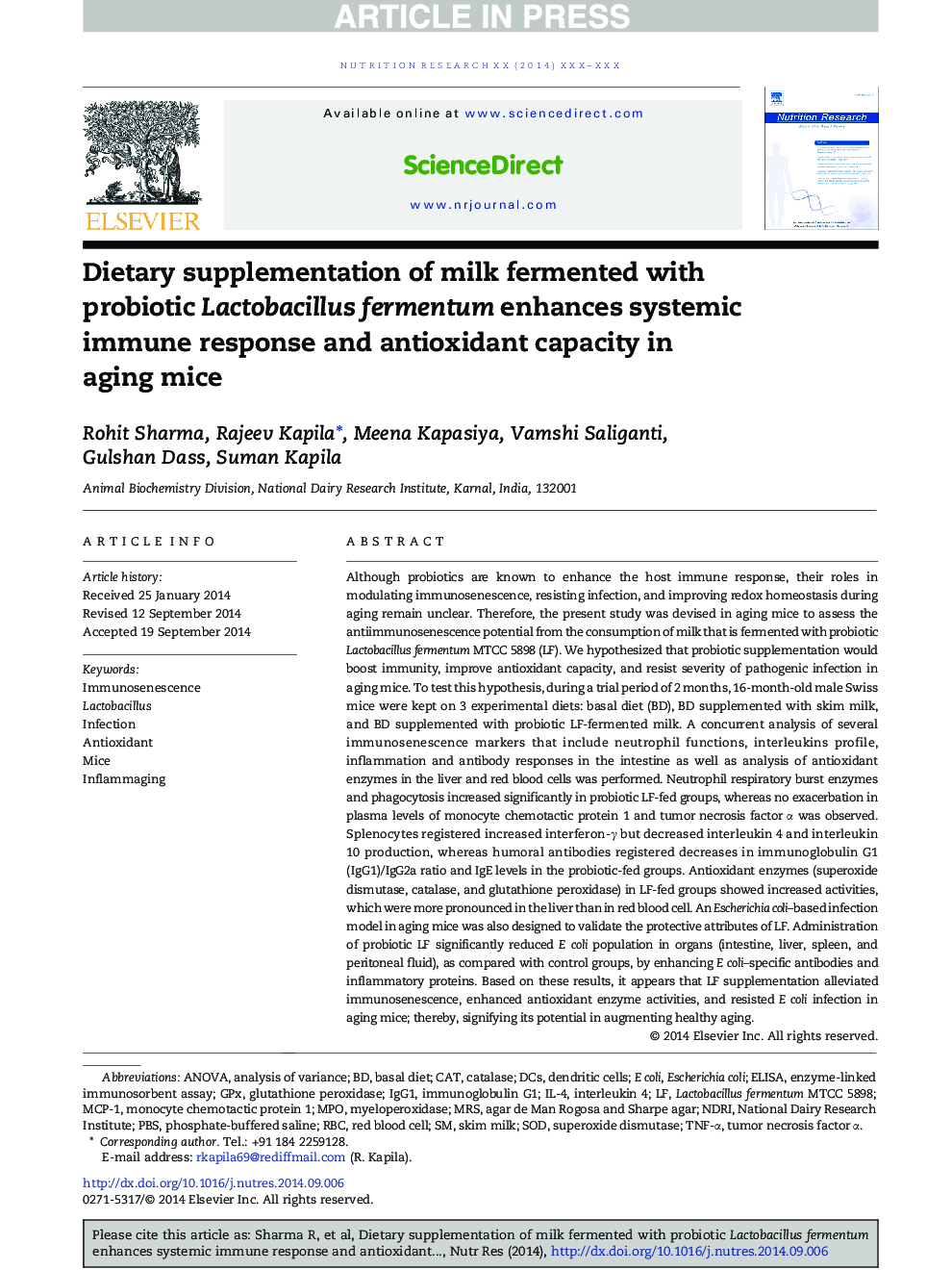 Dietary supplementation of milk fermented with probiotic Lactobacillus fermentum enhances systemic immune response and antioxidant capacity in aging mice