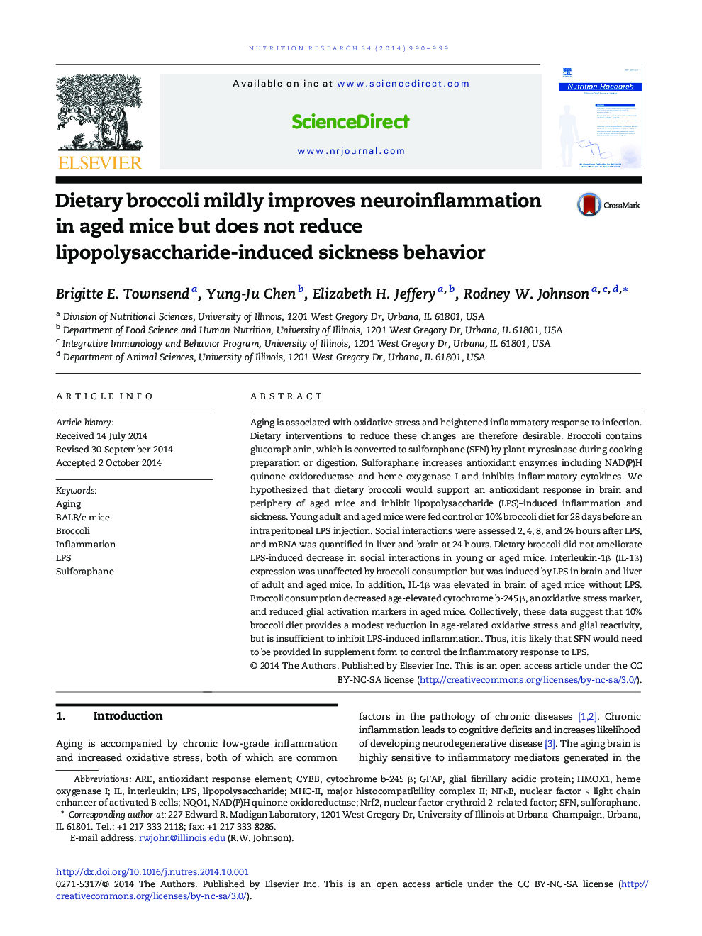 Dietary broccoli mildly improves neuroinflammation in aged mice but does not reduce lipopolysaccharide-induced sickness behavior