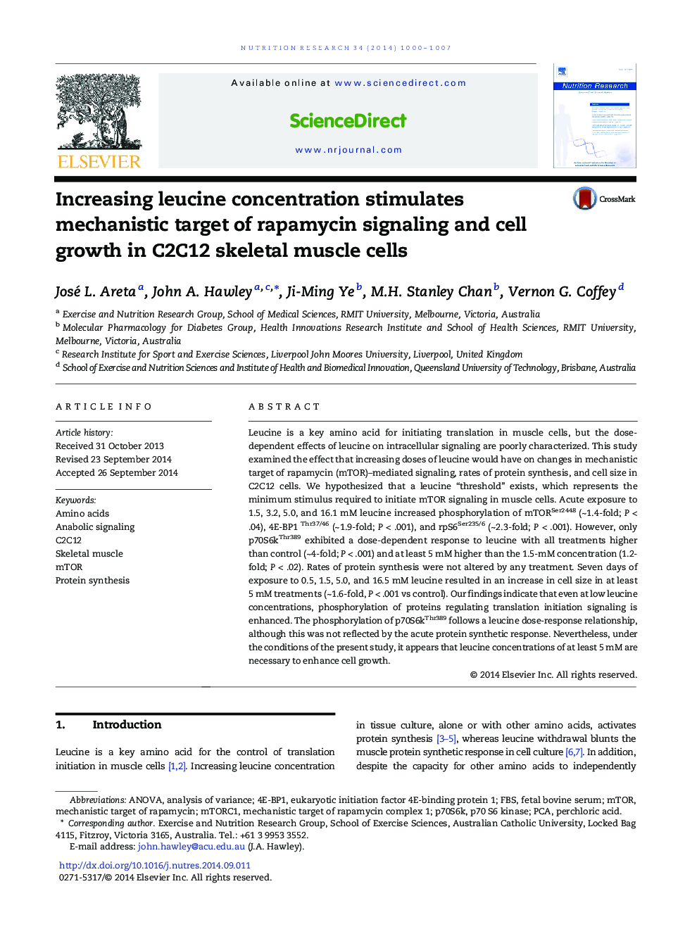 Increasing leucine concentration stimulates mechanistic target of rapamycin signaling and cell growth in C2C12 skeletal muscle cells