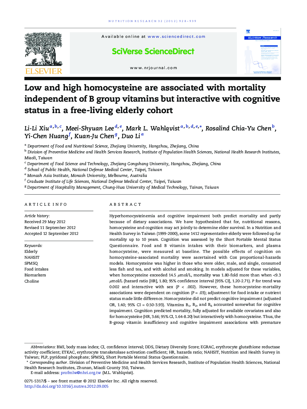 Low and high homocysteine are associated with mortality independent of B group vitamins but interactive with cognitive status in a free-living elderly cohort