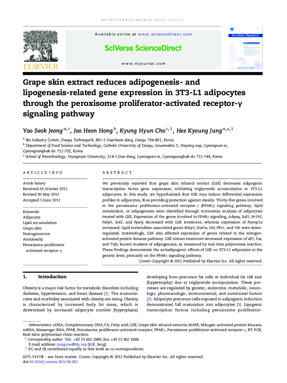 Grape skin extract reduces adipogenesis- and lipogenesis-related gene expression in 3T3-L1 adipocytes through the peroxisome proliferator-activated receptor-Î³ signaling pathway