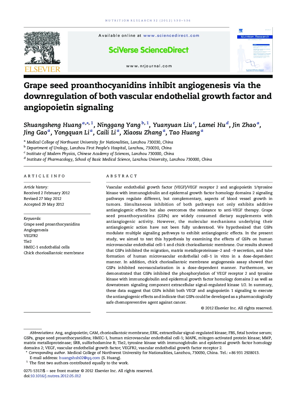 Grape seed proanthocyanidins inhibit angiogenesis via the downregulation of both vascular endothelial growth factor and angiopoietin signaling