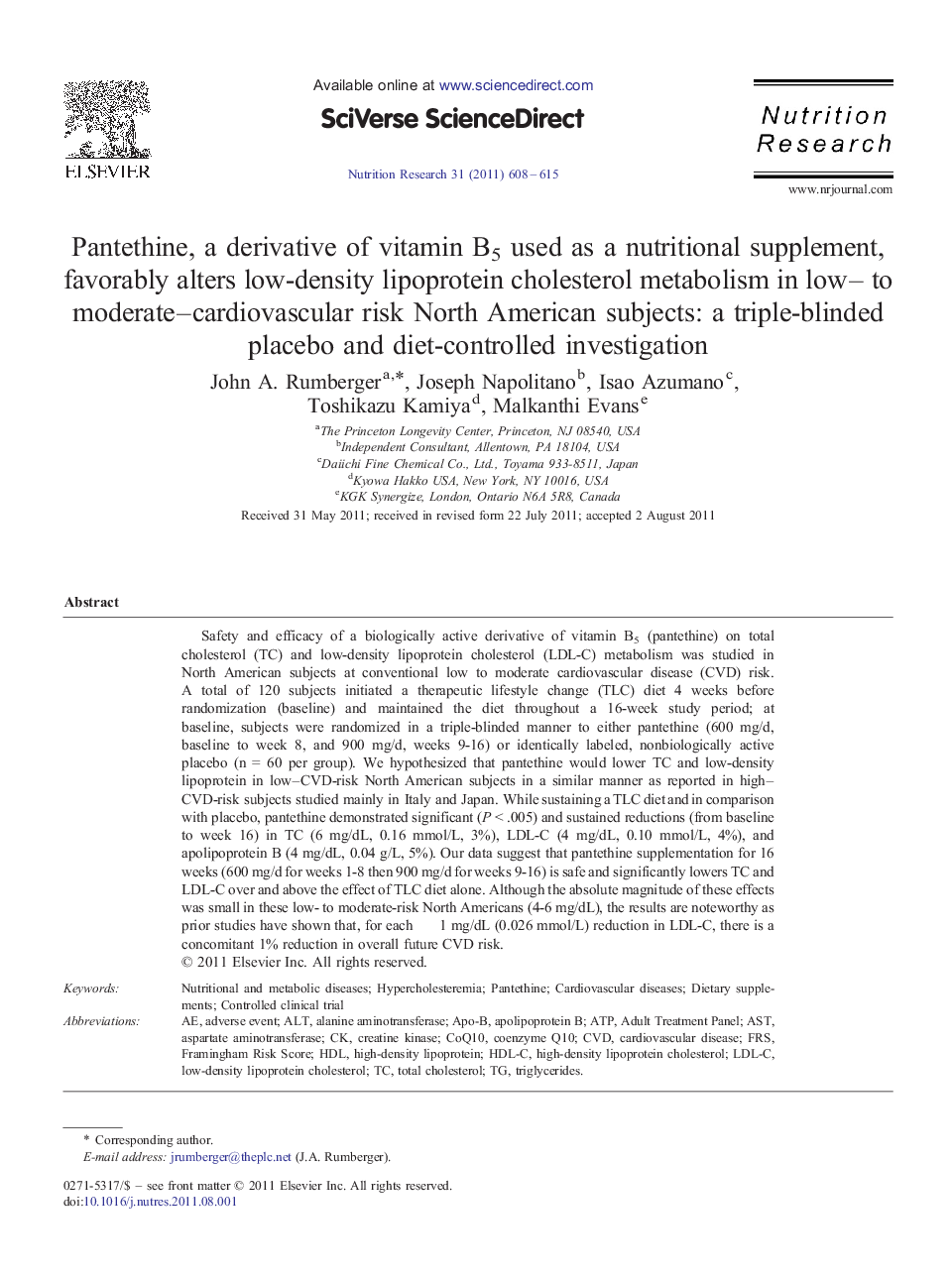 Pantethine, a derivative of vitamin B5 used as a nutritional supplement, favorably alters low-density lipoprotein cholesterol metabolism in low- to moderate-cardiovascular risk North American subjects: a triple-blinded placebo and diet-controlled inve