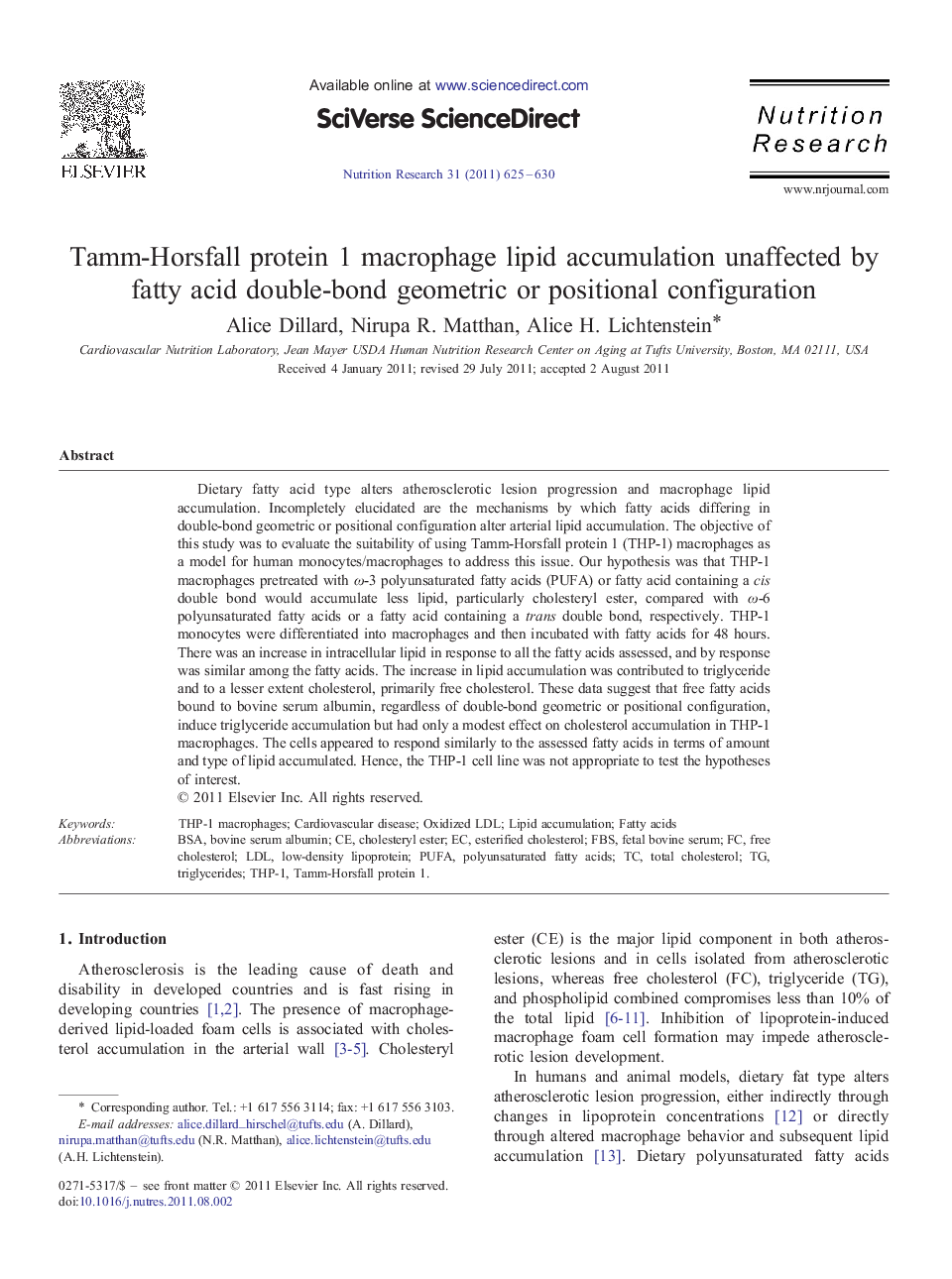 Tamm-Horsfall protein 1 macrophage lipid accumulation unaffected by fatty acid double-bond geometric or positional configuration