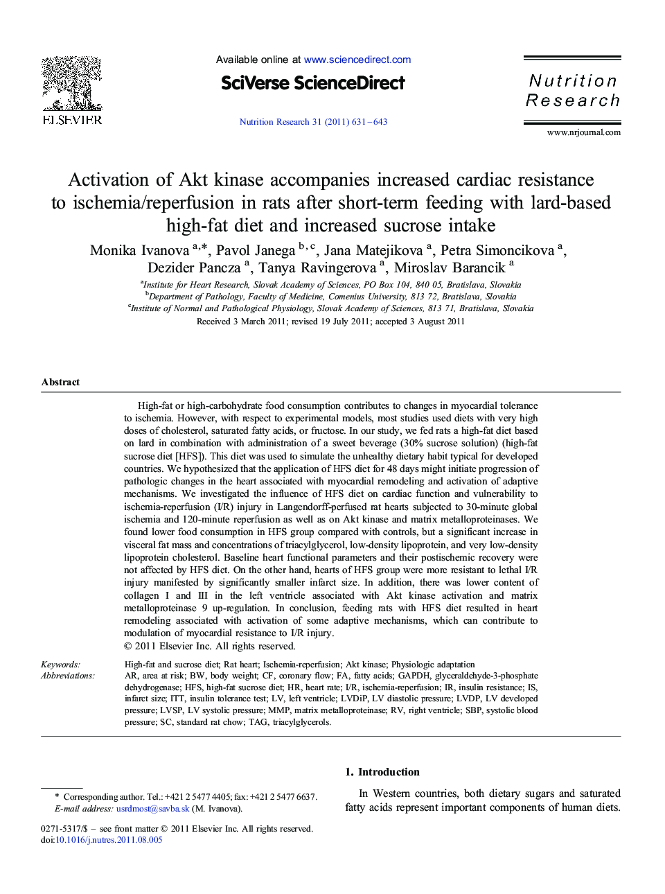 Activation of Akt kinase accompanies increased cardiac resistance to ischemia/reperfusion in rats after short-term feeding with lard-based high-fat diet and increased sucrose intake