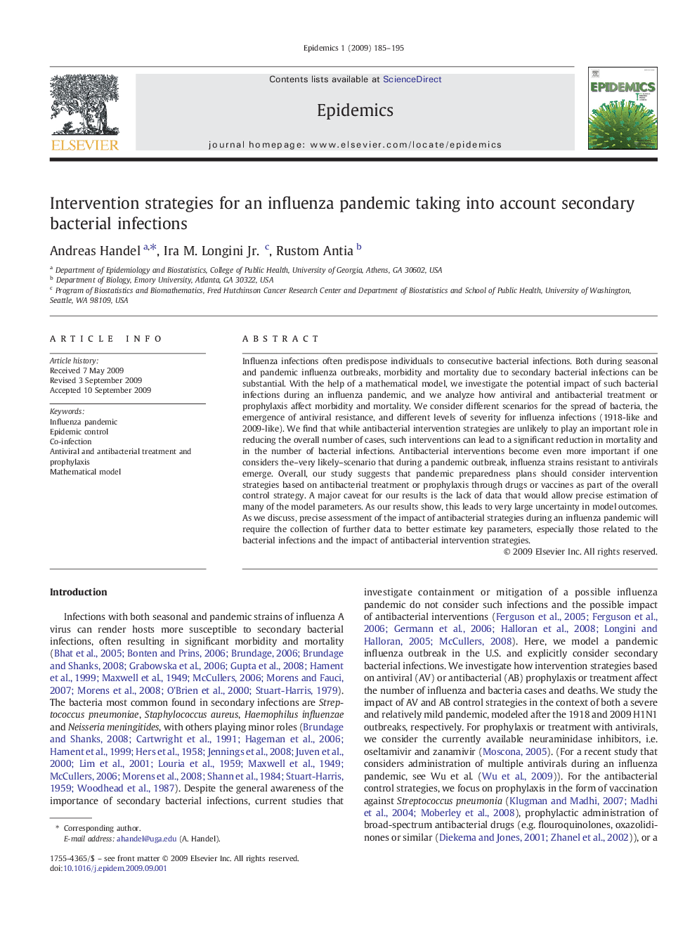 Intervention strategies for an influenza pandemic taking into account secondary bacterial infections