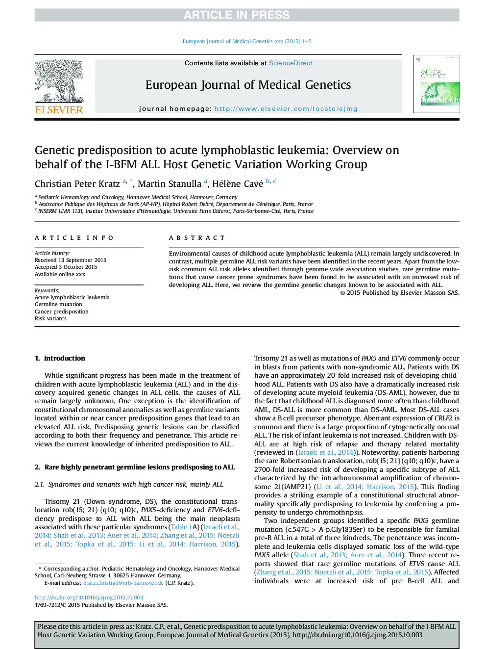 Genetic predisposition to acute lymphoblastic leukemia: Overview on behalf of the I-BFM ALL Host Genetic Variation Working Group