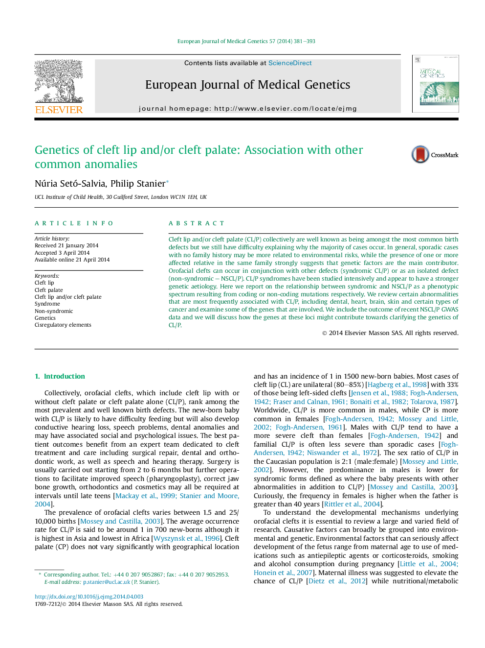 Genetics of cleft lip and/or cleft palate: Association with other common anomalies