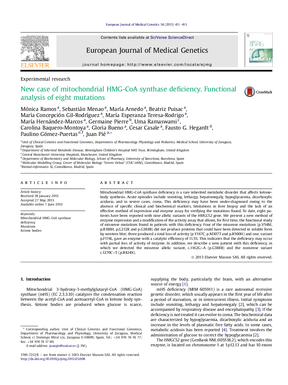 New case of mitochondrial HMG-CoA synthase deficiency. Functional analysis of eight mutations