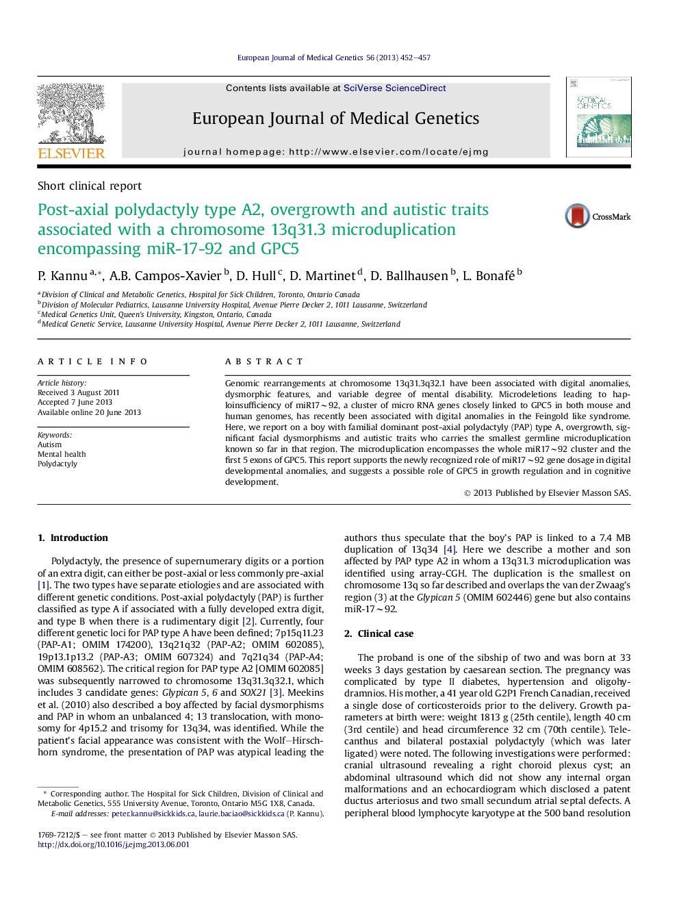 Post-axial polydactyly type A2, overgrowth and autistic traits associated with a chromosome 13q31.3 microduplication encompassing miR-17-92 and GPC5