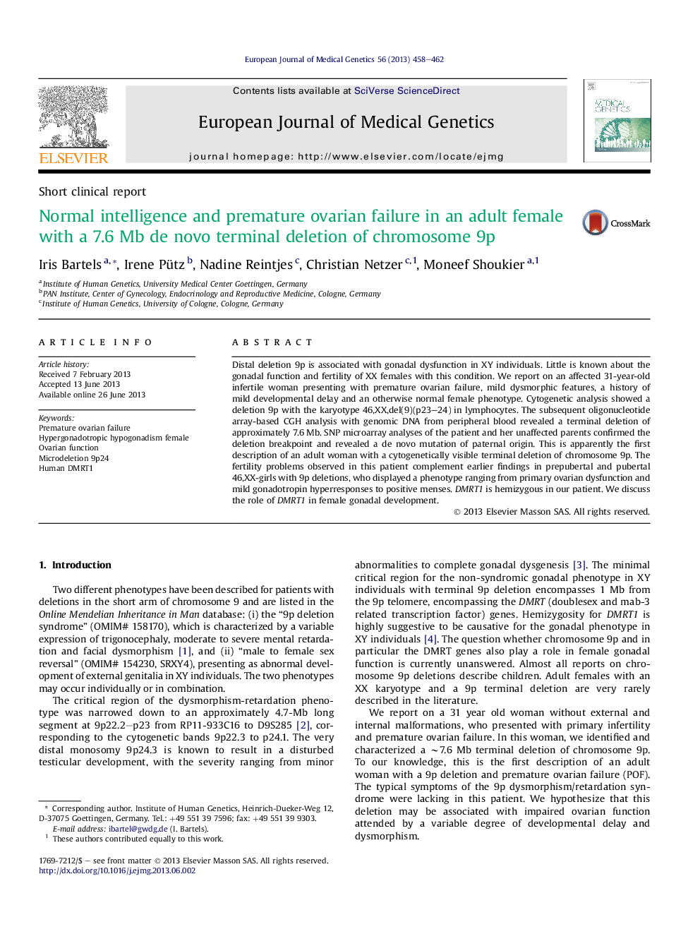 Normal intelligence and premature ovarian failure in an adult female with a 7.6Â Mb de novo terminal deletion of chromosome 9p