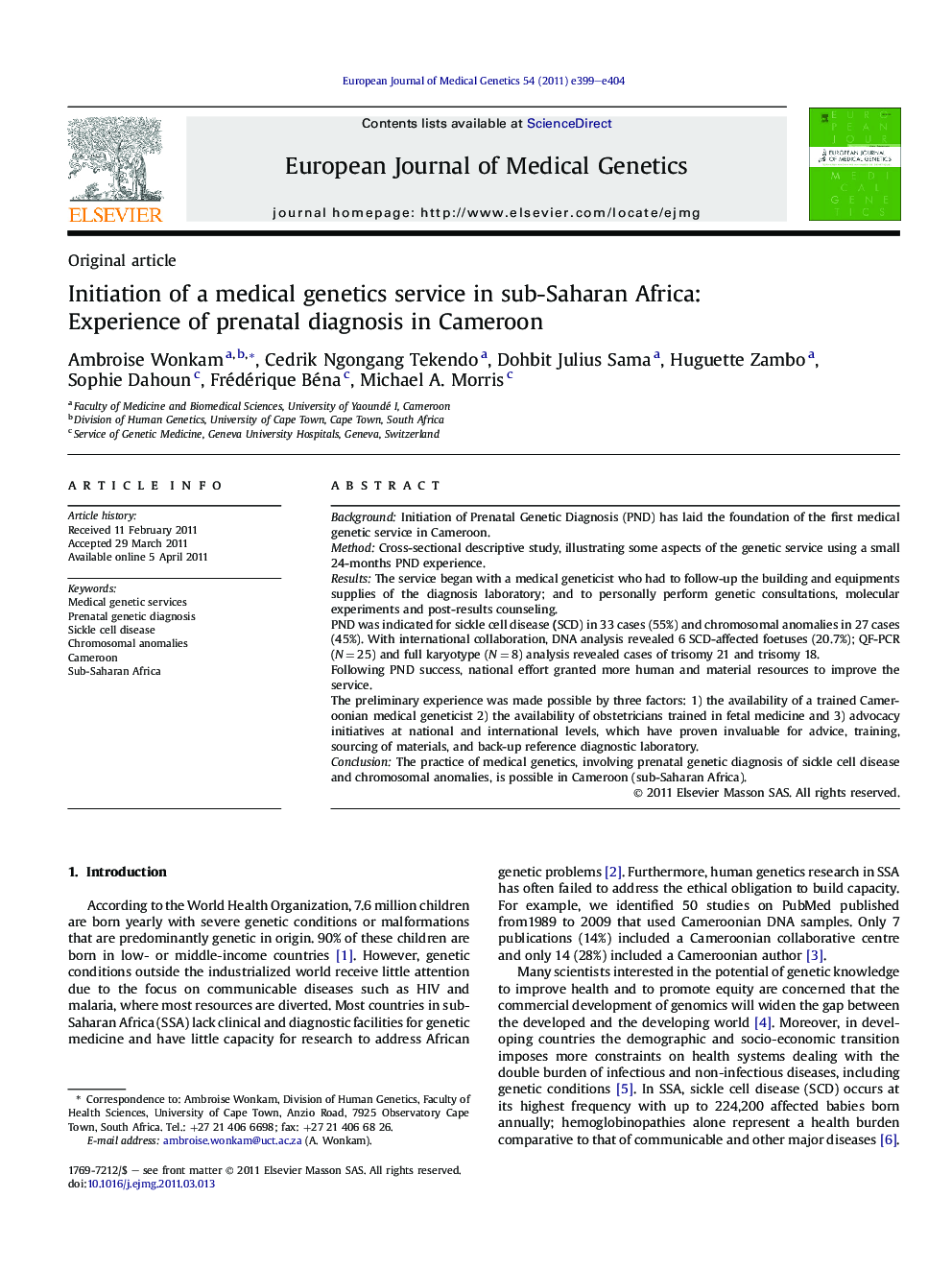 Initiation of a medical genetics service in sub-Saharan Africa: Experience of prenatal diagnosis in Cameroon