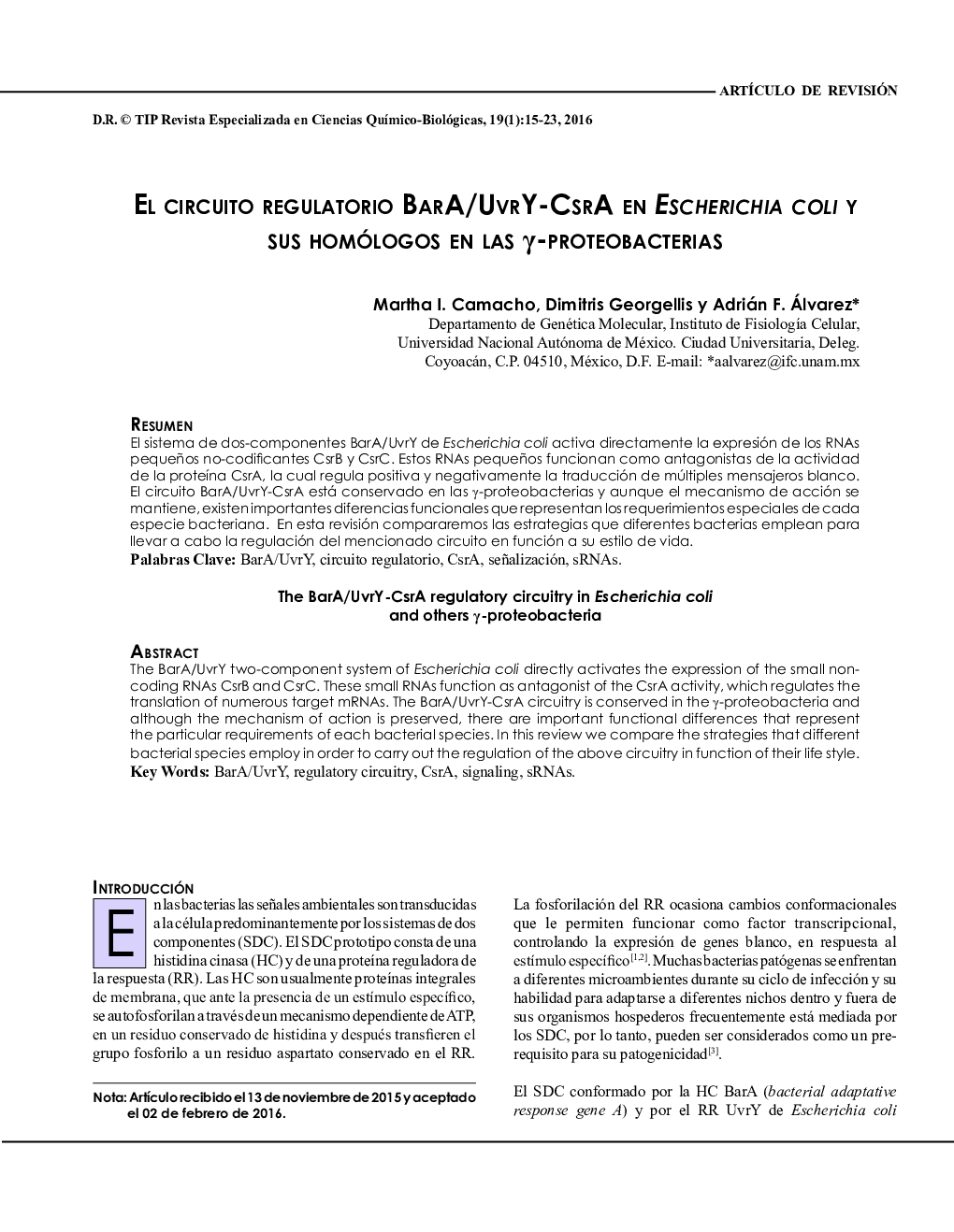 EL CIRCUITO REGULATORIO BARA/UVRY-CSRA EN ESCHERICHIA COLI Y SUS HOMÓLOGOS EN LAS γ-PROTEOBACTERIAS