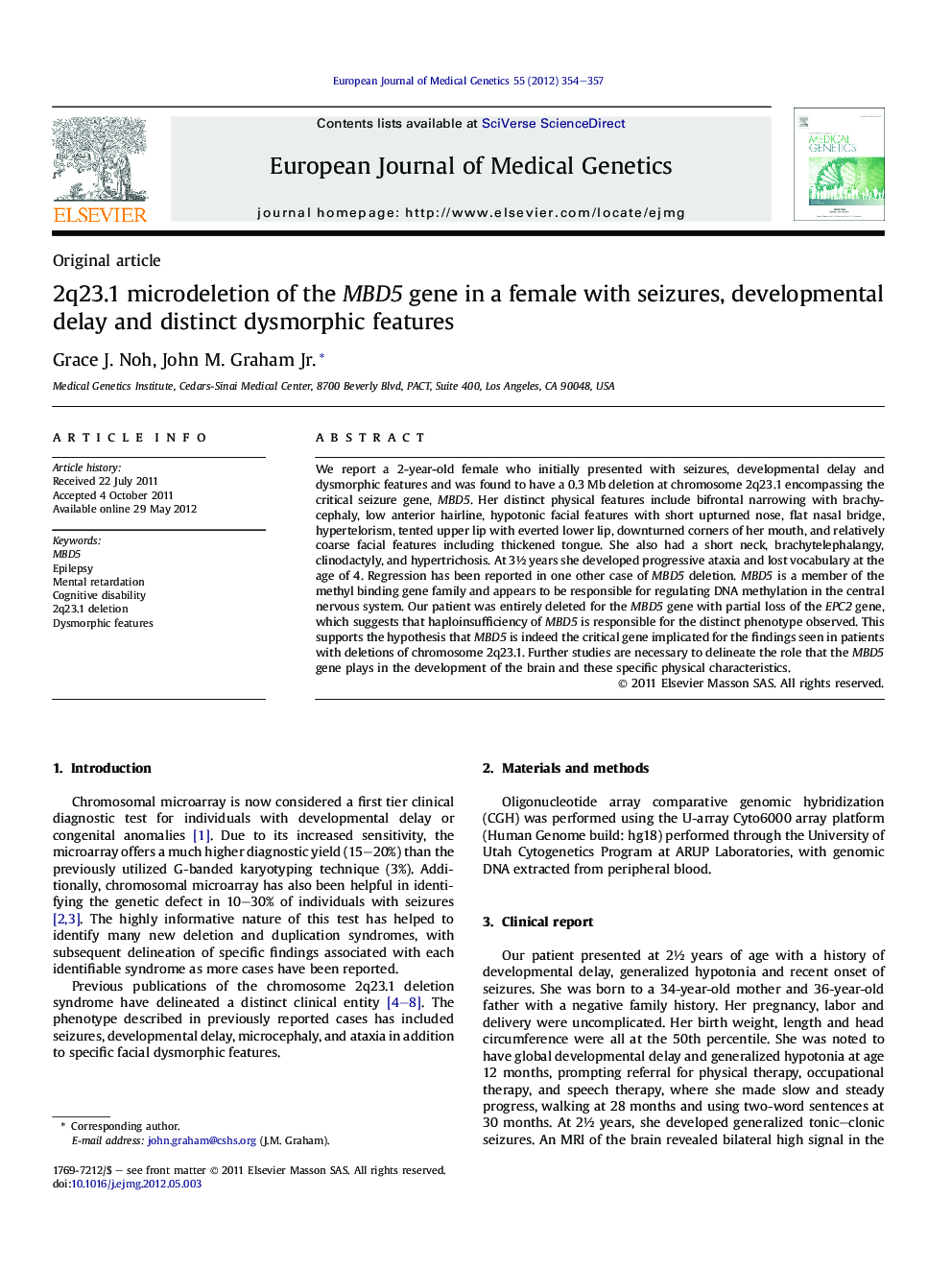 Original article2q23.1 microdeletion of the MBD5 gene in a female with seizures, developmental delay and distinct dysmorphic features