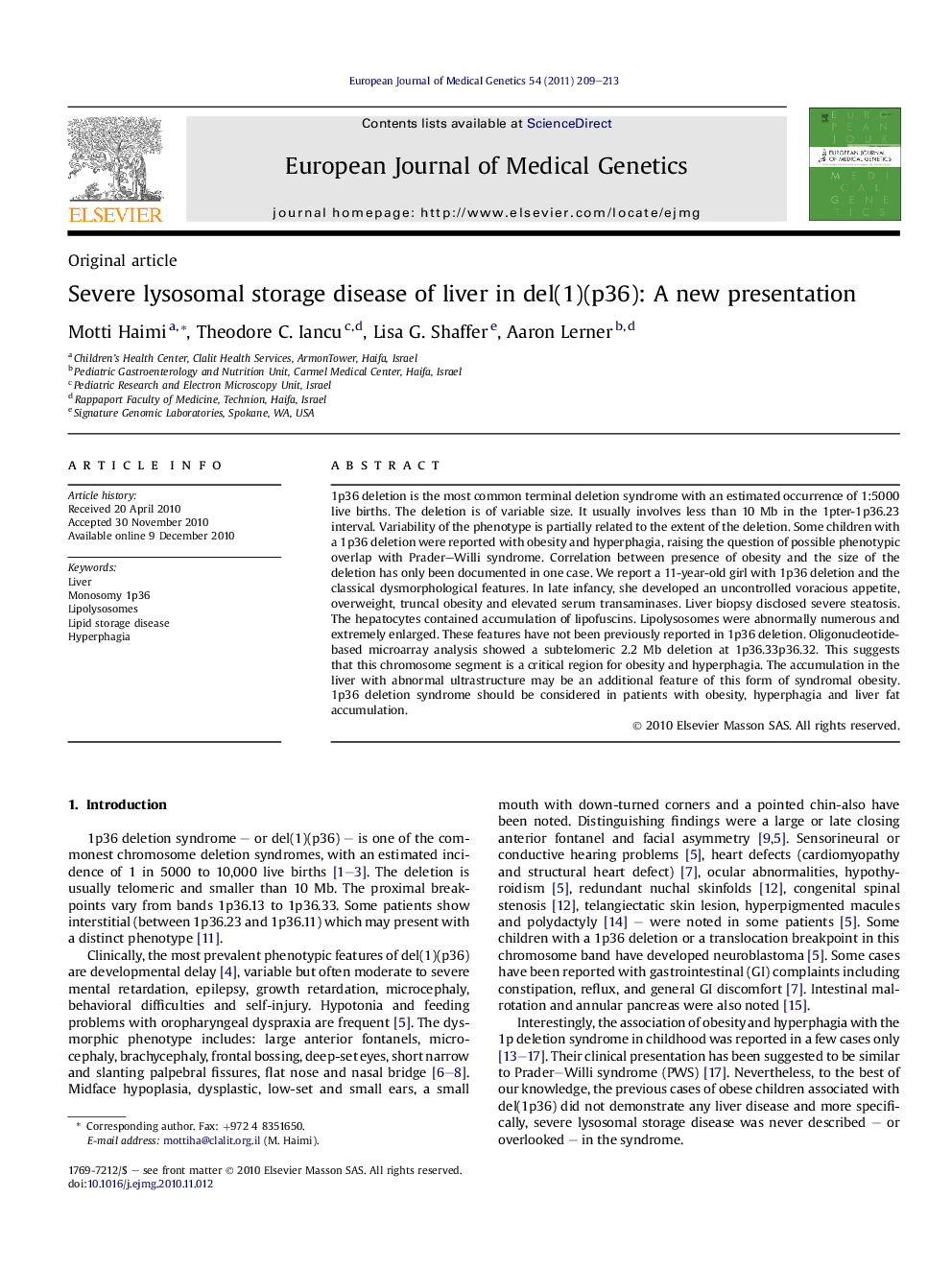 Severe lysosomal storage disease of liver in del(1)(p36): A new presentation