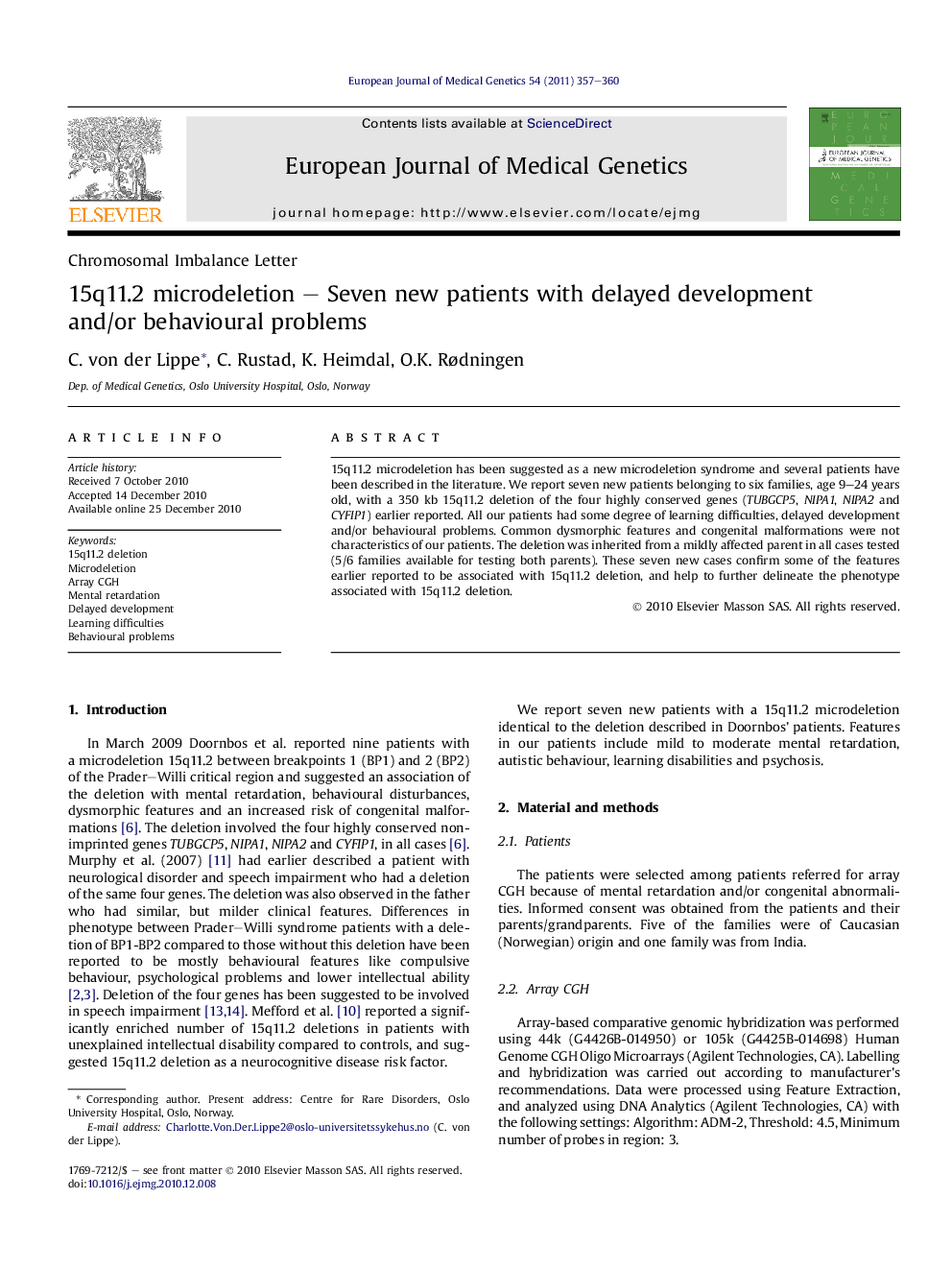 15q11.2 microdeletion - Seven new patients with delayed development and/or behavioural problems