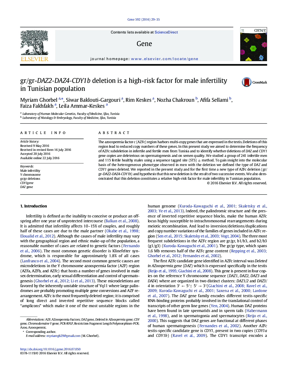 gr/gr-DAZ2-DAZ4-CDY1b deletion is a high-risk factor for male infertility in Tunisian population