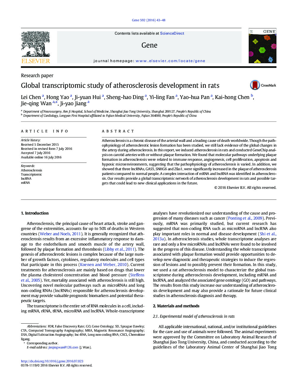 Global transcriptomic study of atherosclerosis development in rats