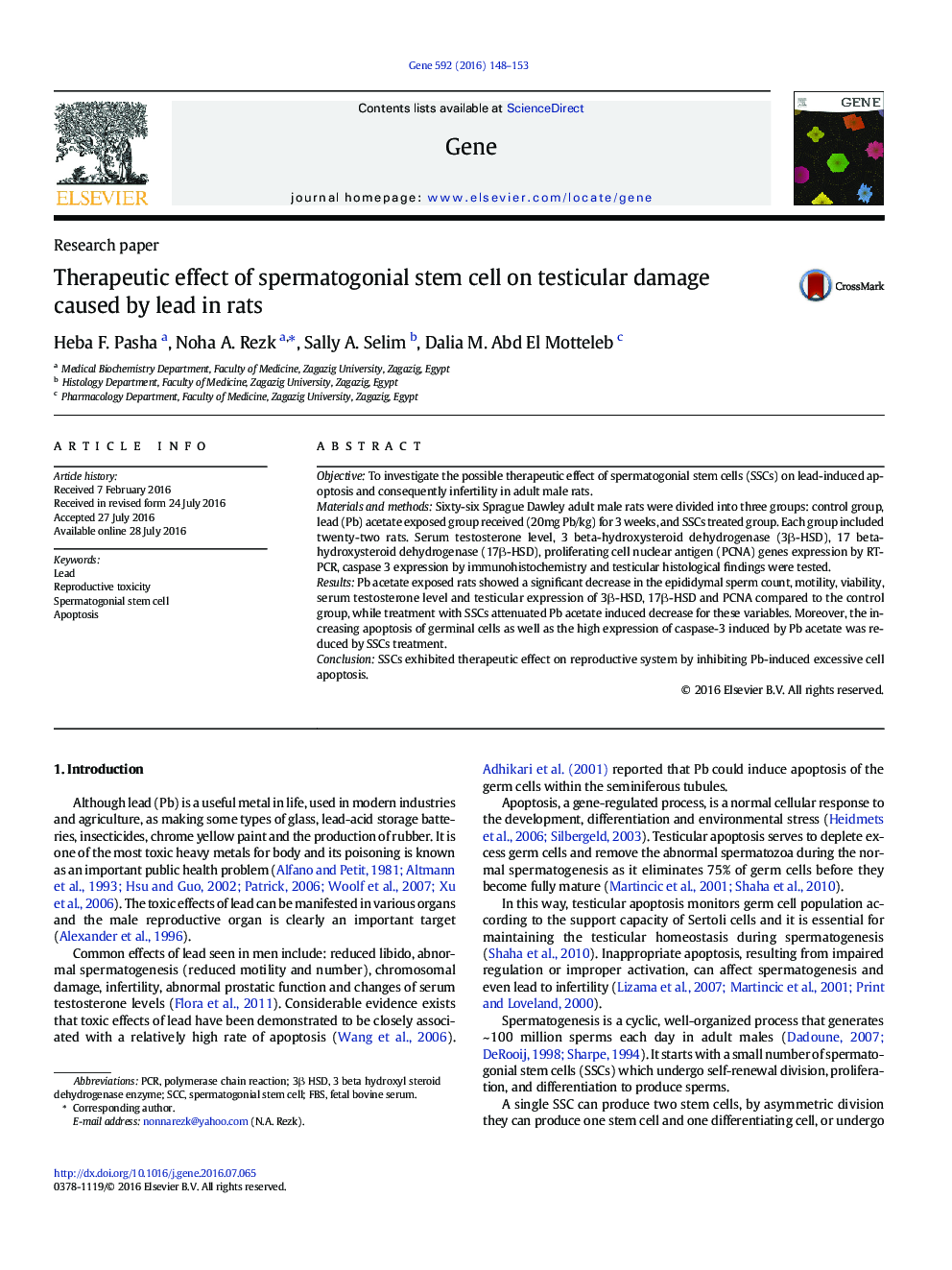 Therapeutic effect of spermatogonial stem cell on testicular damage caused by lead in rats